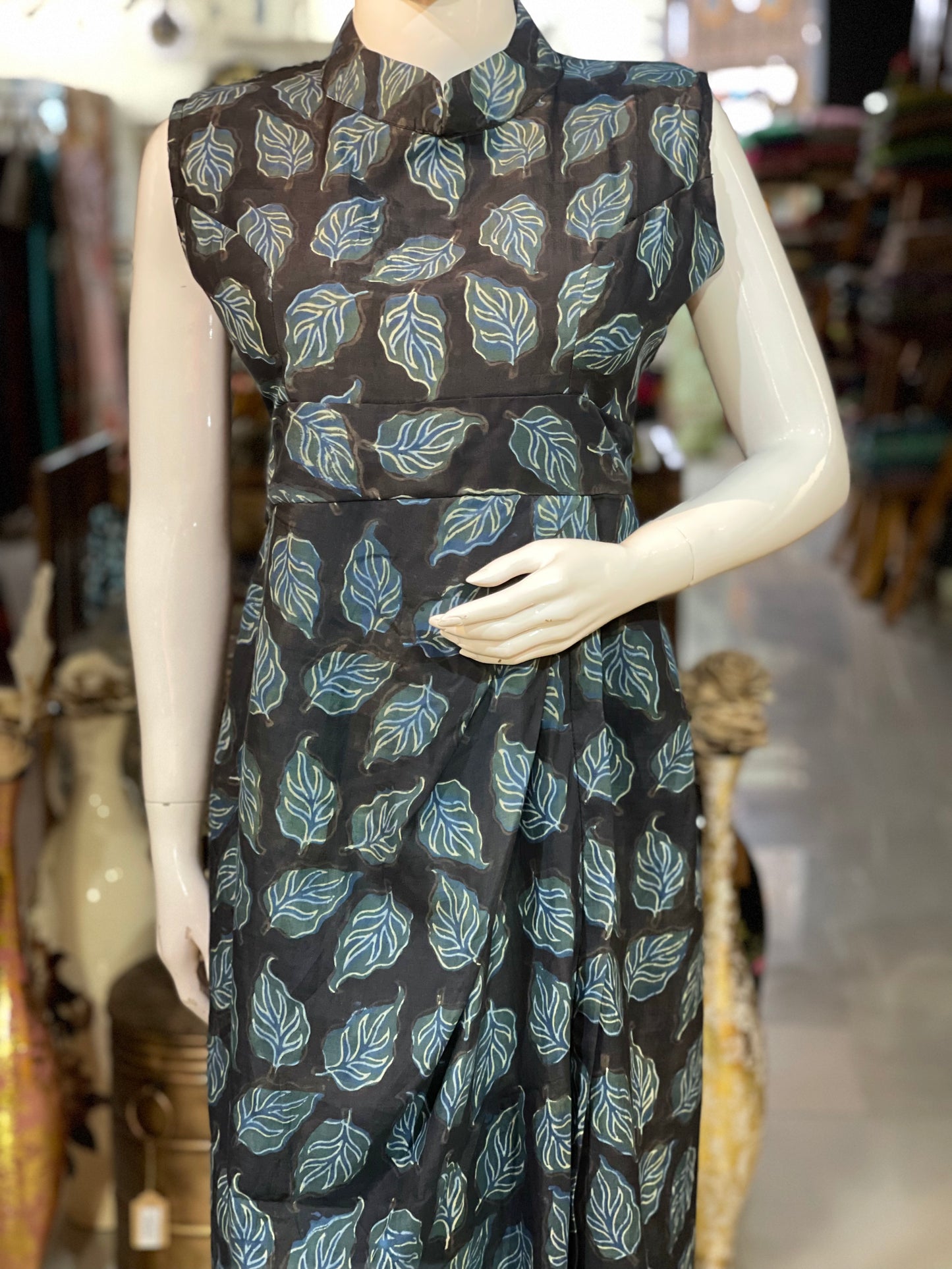 Black hand block printed dress with leaves print and pleats at waist