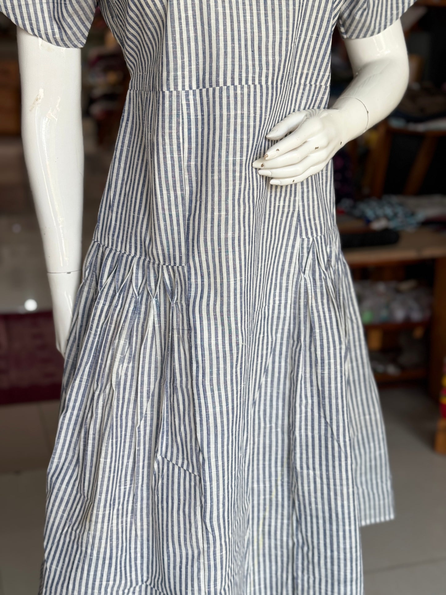 Grey and white stripes handwoven, cotton dress with cinched pleats and asymmetric neckline