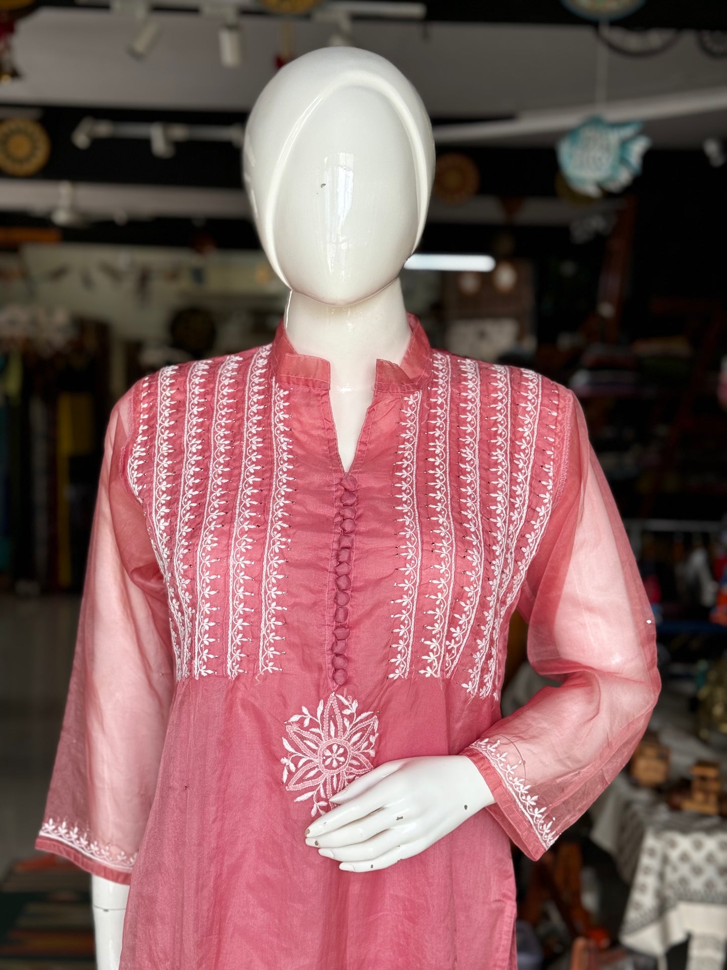 Pink chikankari hand embroidered organza kurta / dress