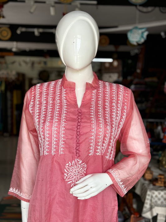 Pink chikankari hand embroidered organza kurta / dress
