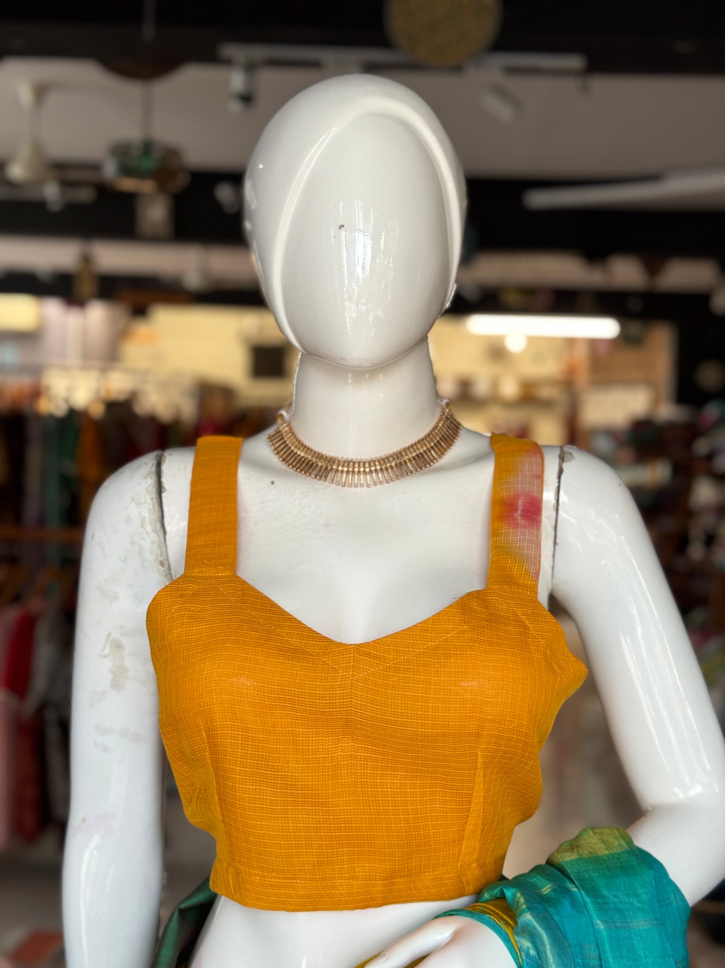 Mango yellow kota cotton back open strap sleeves blouse