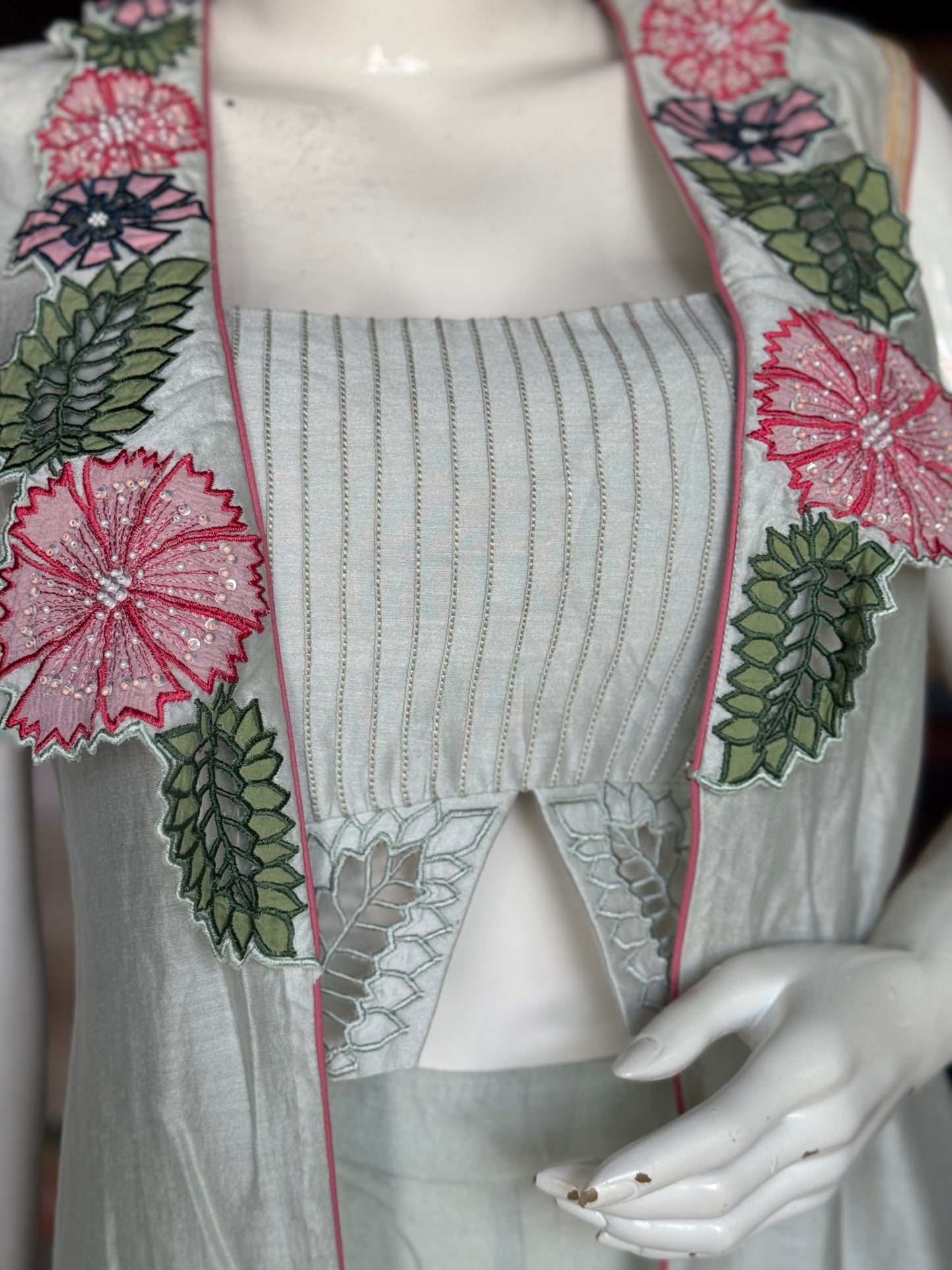 Pastel tone silk cotton cut work embroidered cape, bustier and loose pants - 3 piece set