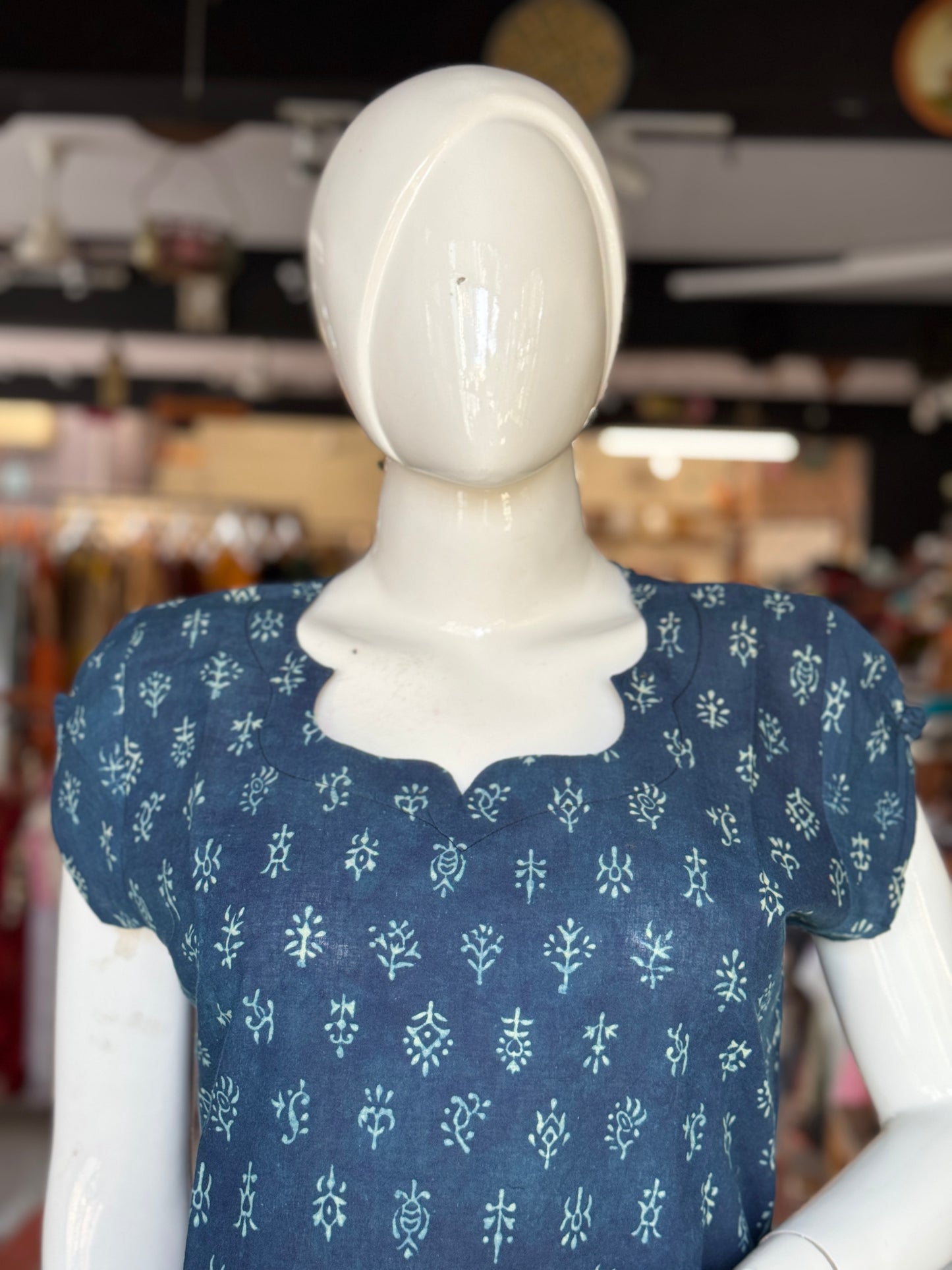 Indigo Ajrakh hand block print straight cut cotton kurti