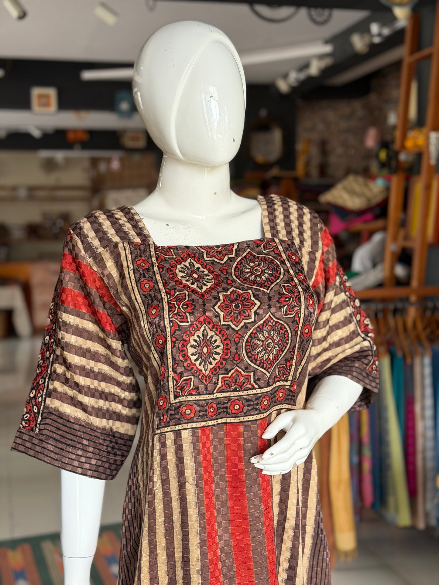 Brown n beige Ajrakh hand block printed a-line kurti