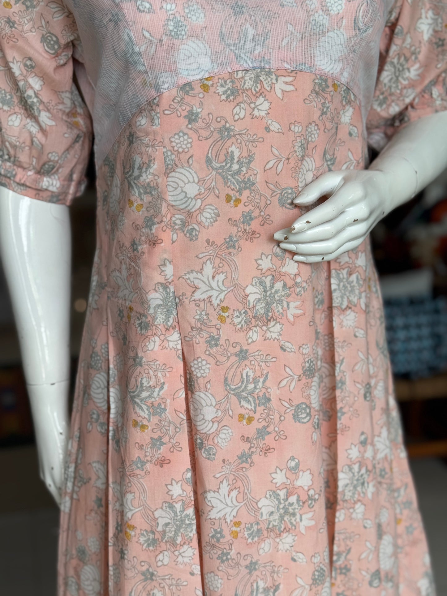Peach floral hand block printed soft cotton dress with white kota cotton overlay