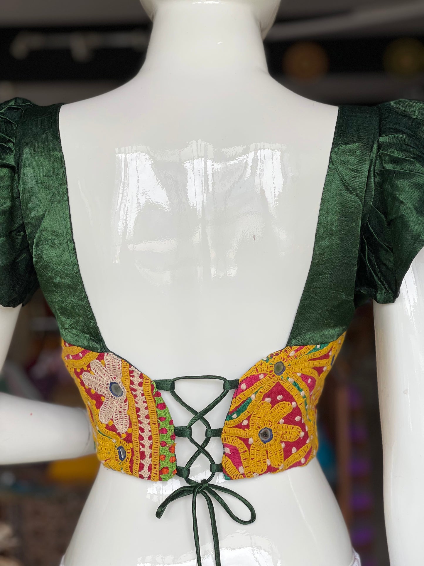 Green butterfly sleeves mashru blouse with hand embroidery on front and back