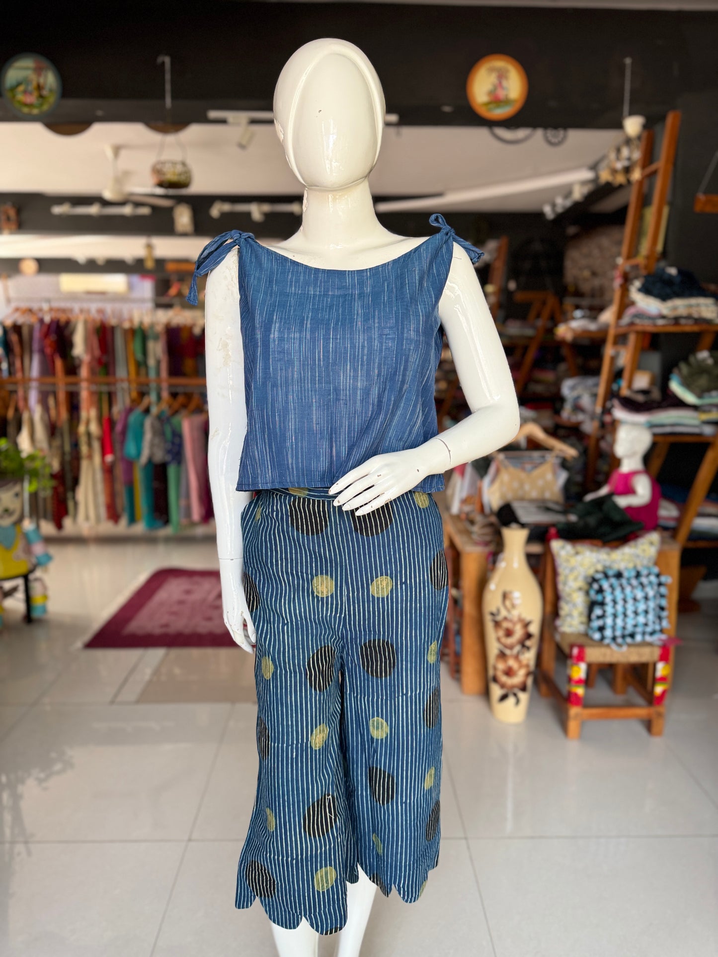Indigo Ajrakh hand block printed cotton free sized cropped plazo pants with scallop border