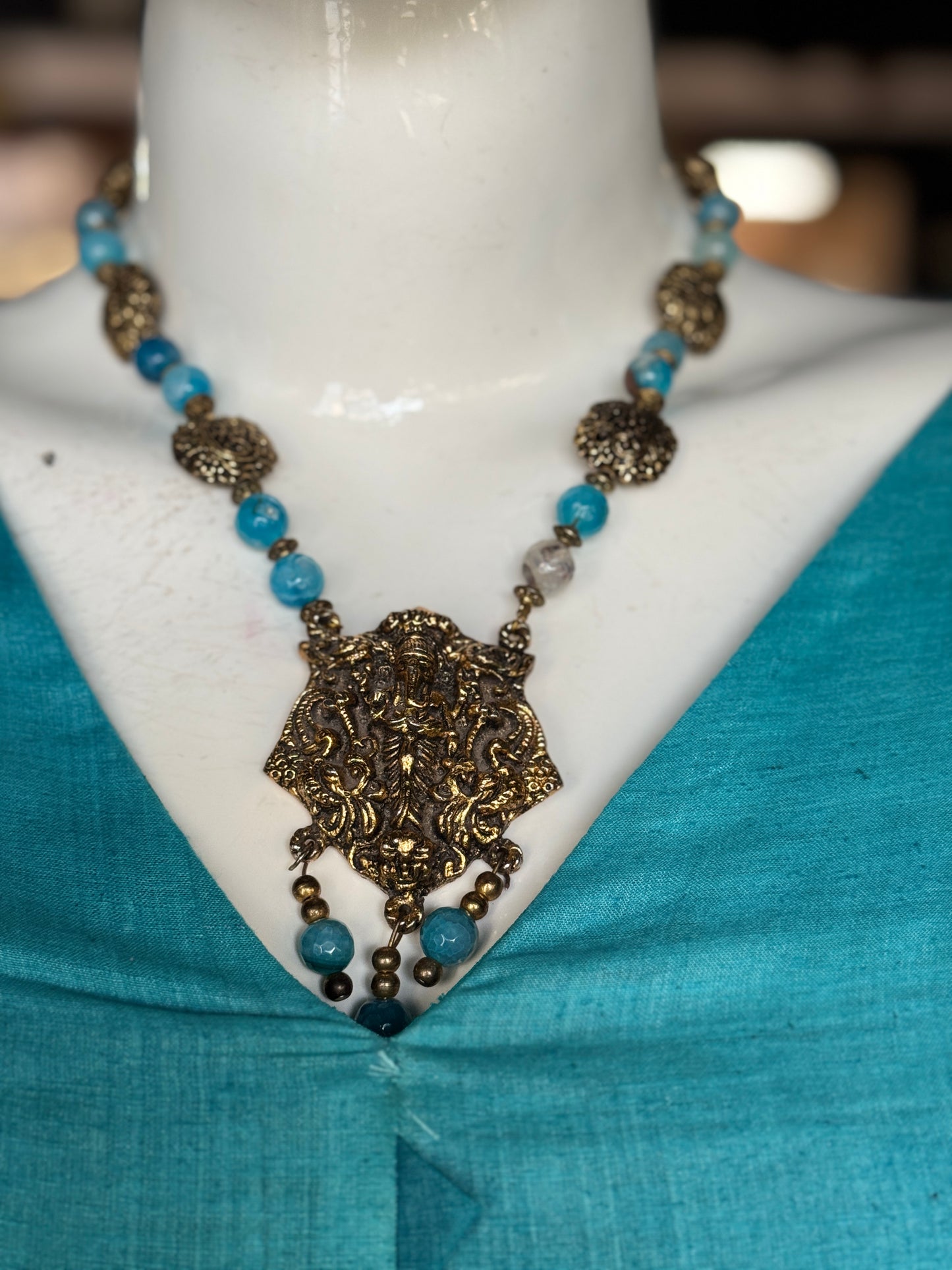 Vintage look Ganesha pendant with blue beads - neckpiece earrings set