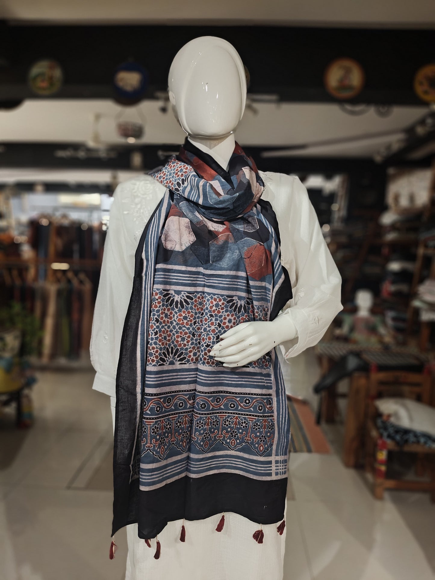 Ajrakh cotton stole - hand block geometric prints