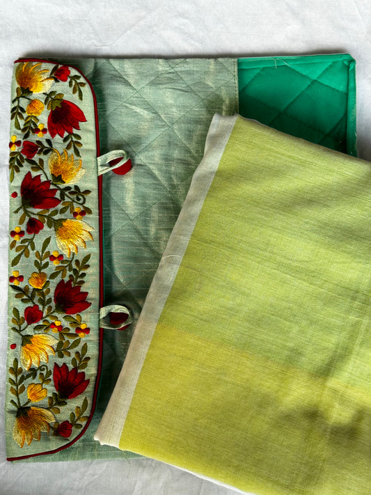 Sea green saree gift cum storage bag 13.5 x 12 inches- Embroidery on the flap; comes with small see through area