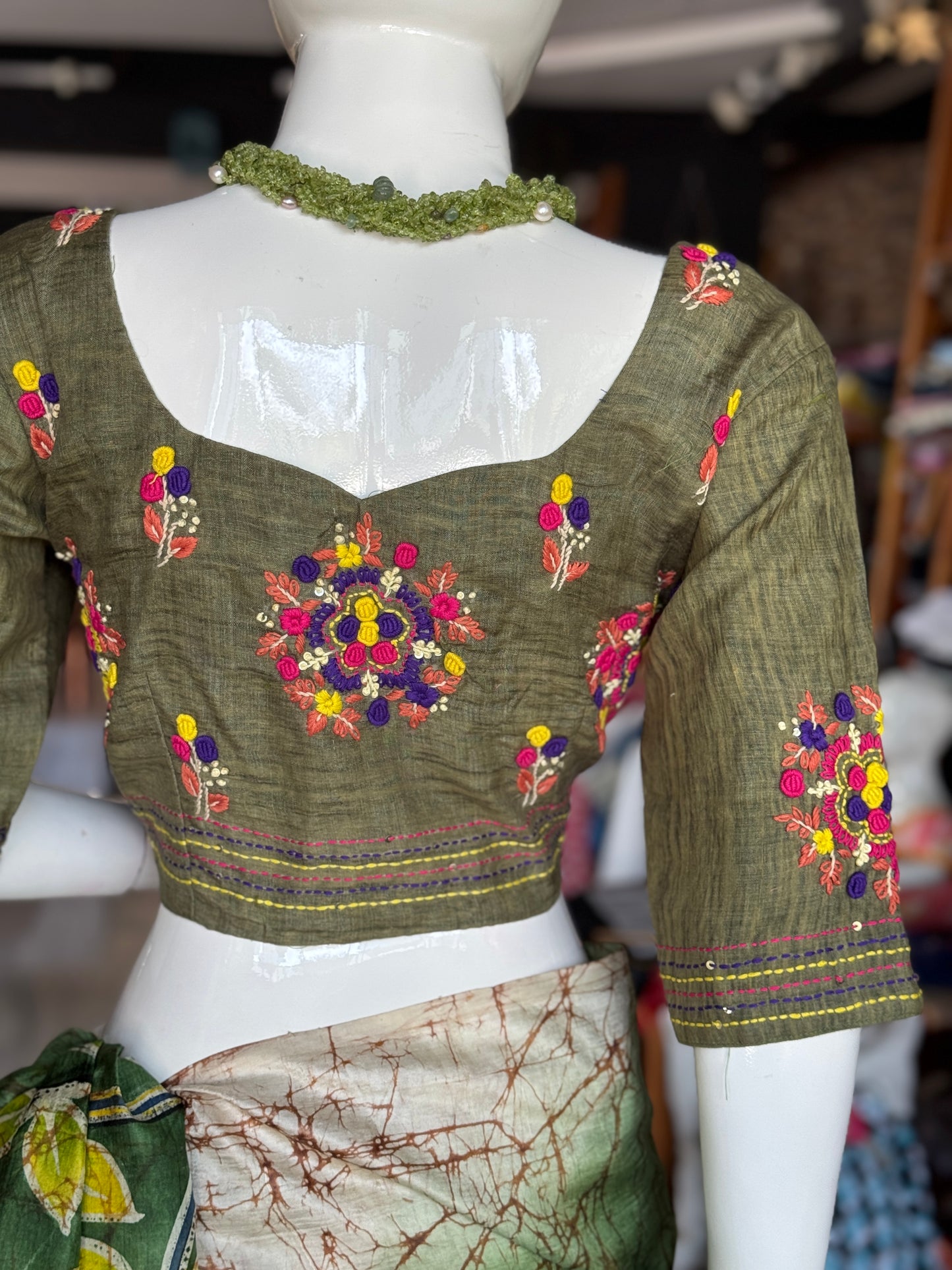 Green floral hand kantha embroidered silk blouse