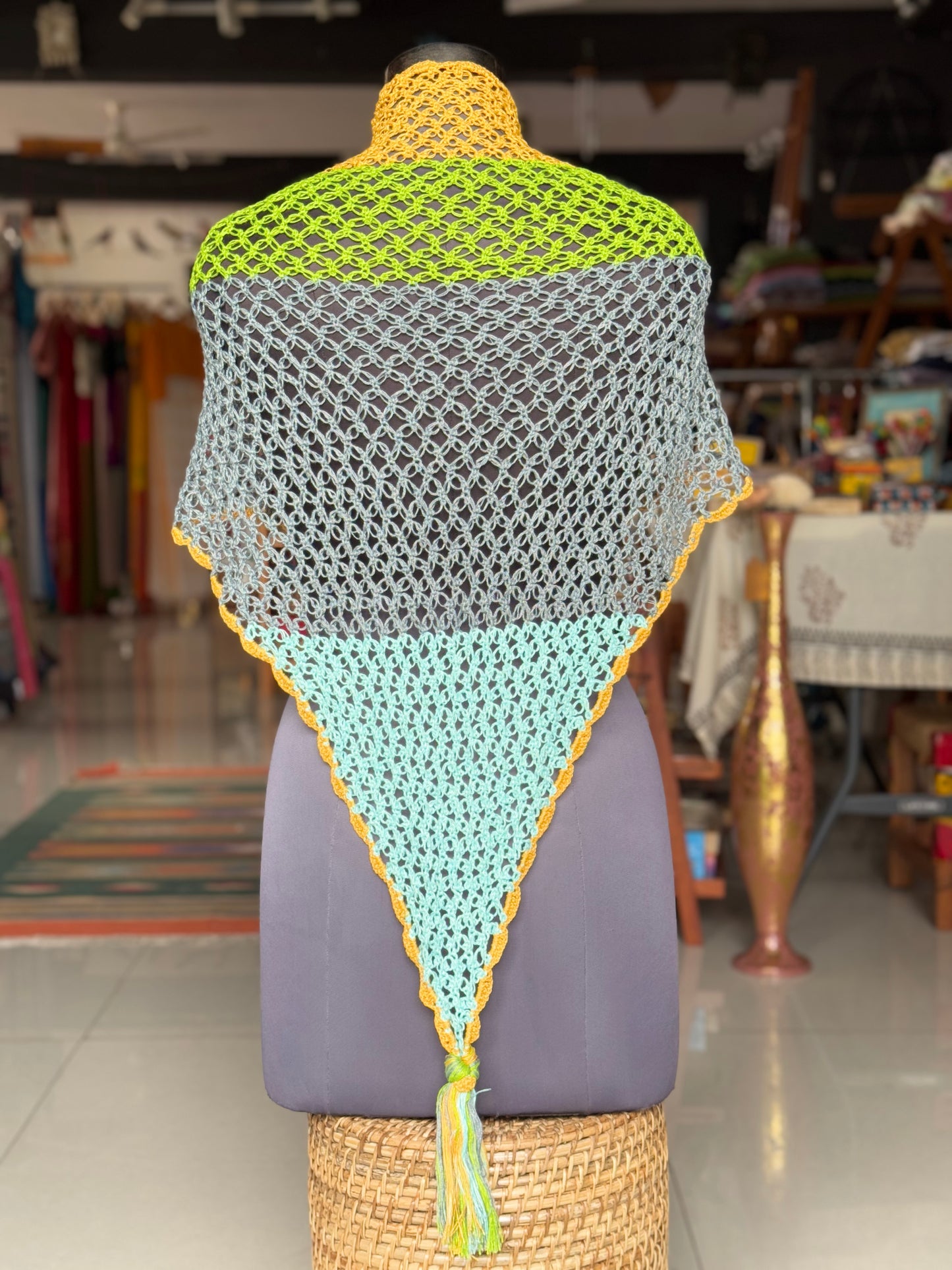 Hand crocheted colorful soft cotton yarn triangular scarf with tassles