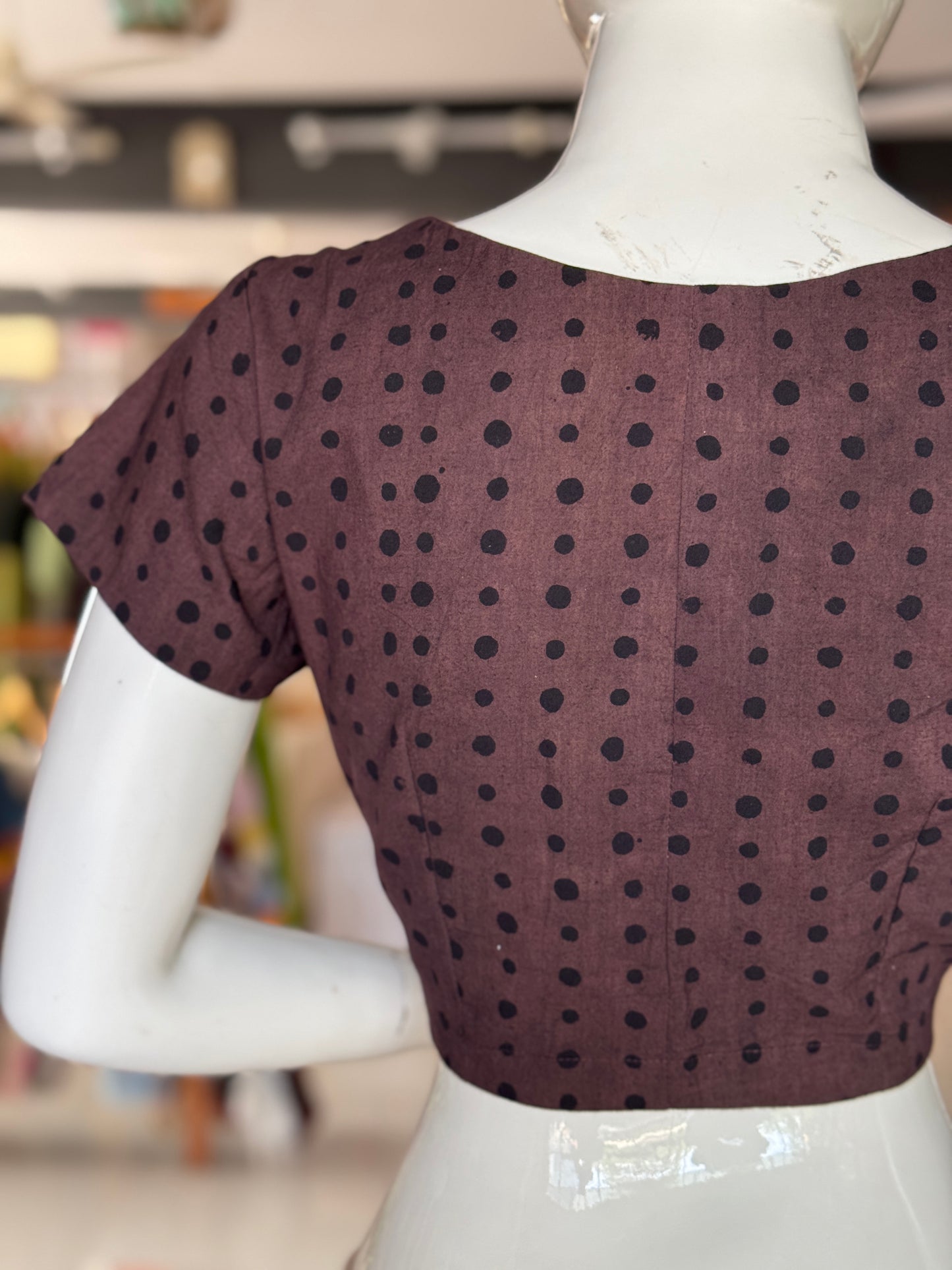Coffee brown polka dots Ajrakh handblock printed, natural dyed cotton front open blouse