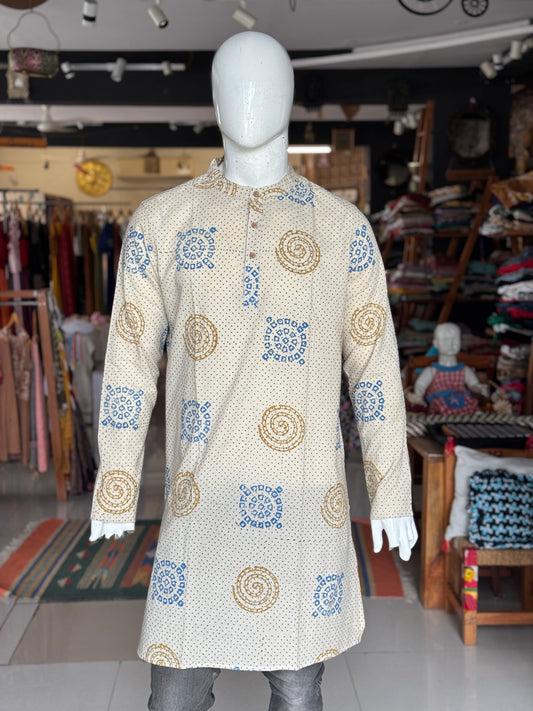 Ajrakh hand block printed cotton long kurta for men