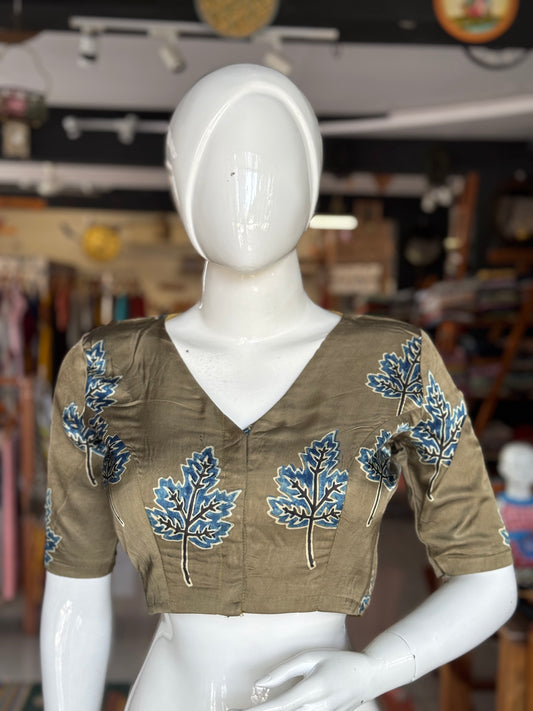 Olive green blouse with ajrakh hand block print on soft modal