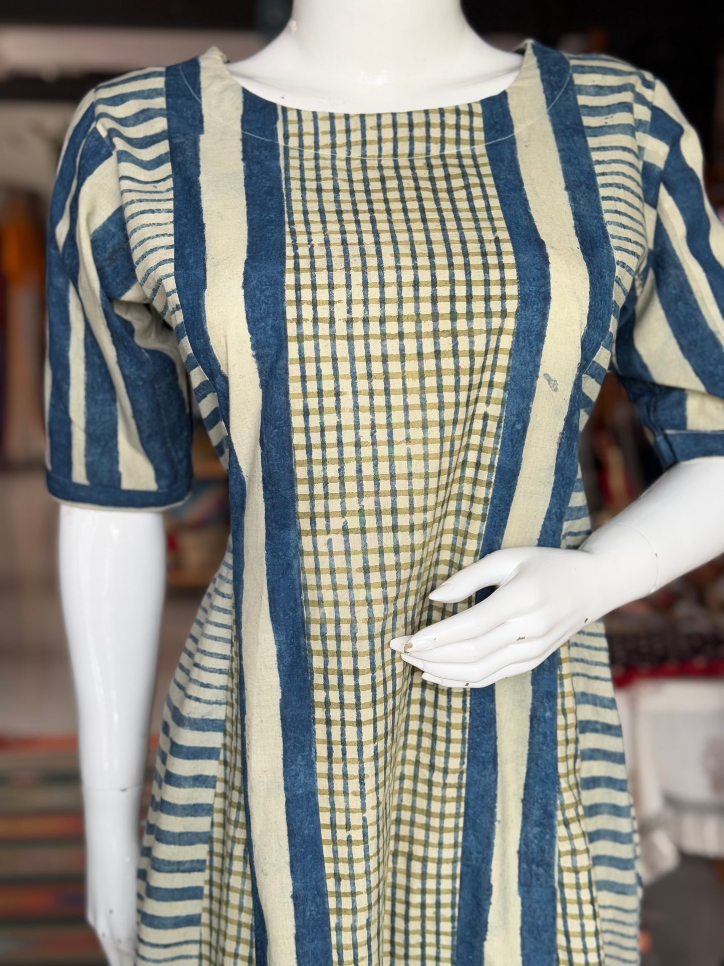 Blue green stripes and checks hand block printed designer cotton dress with boat neck
