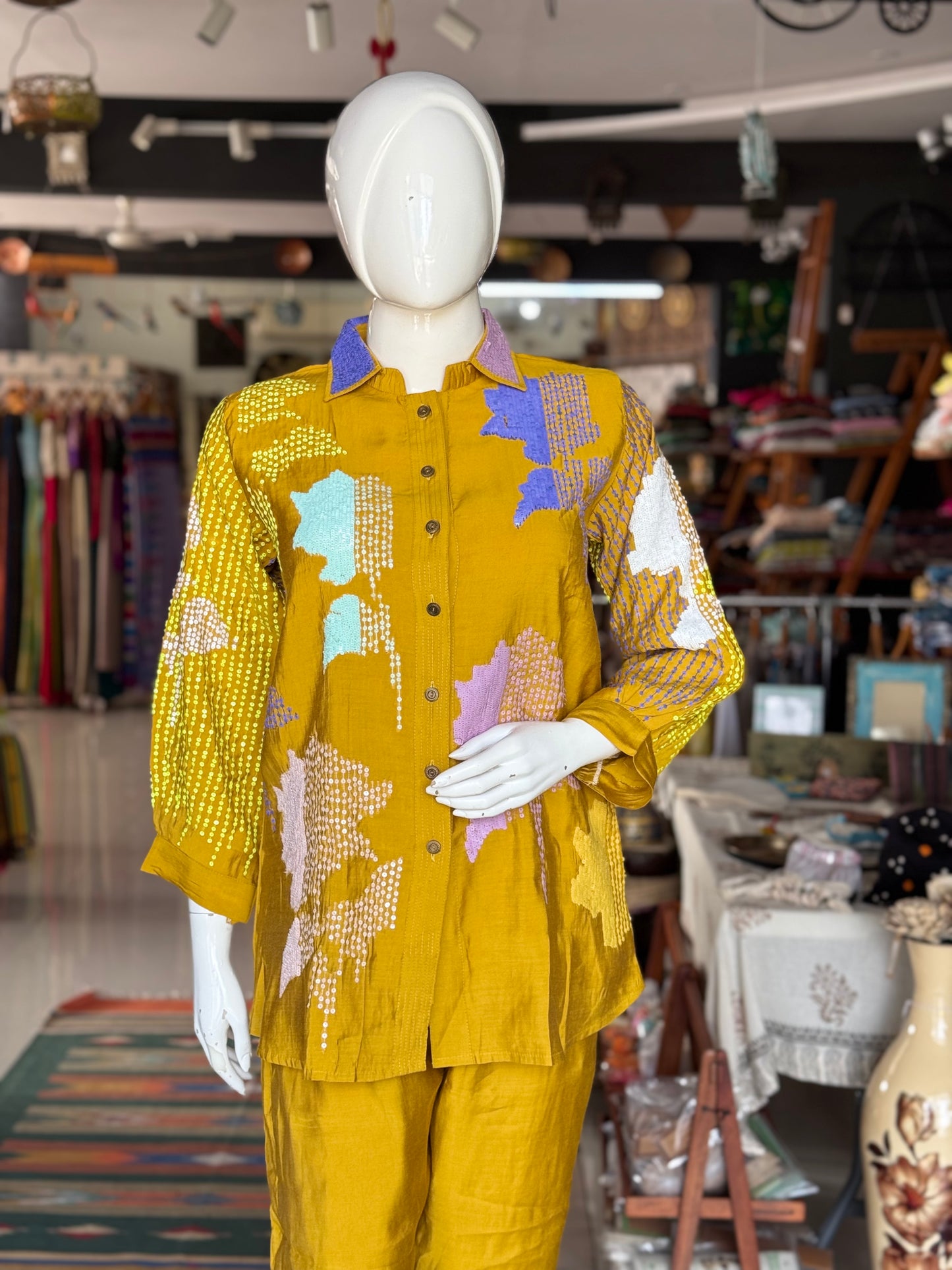 Yellow silk cotton embroidered collared top and pants party wear coord set