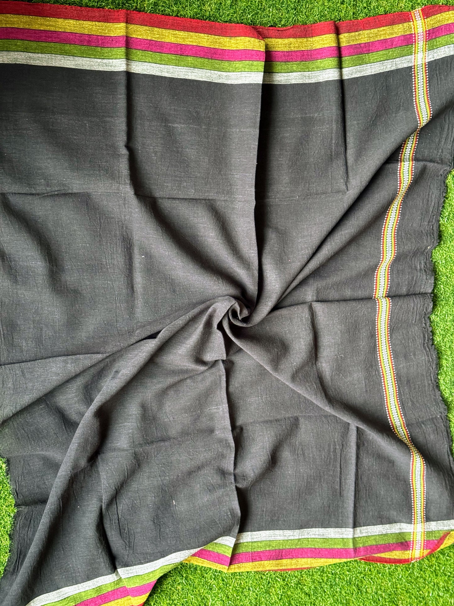 Black Kala cotton handwoven unstitched blouse piece with colorful stripes borders