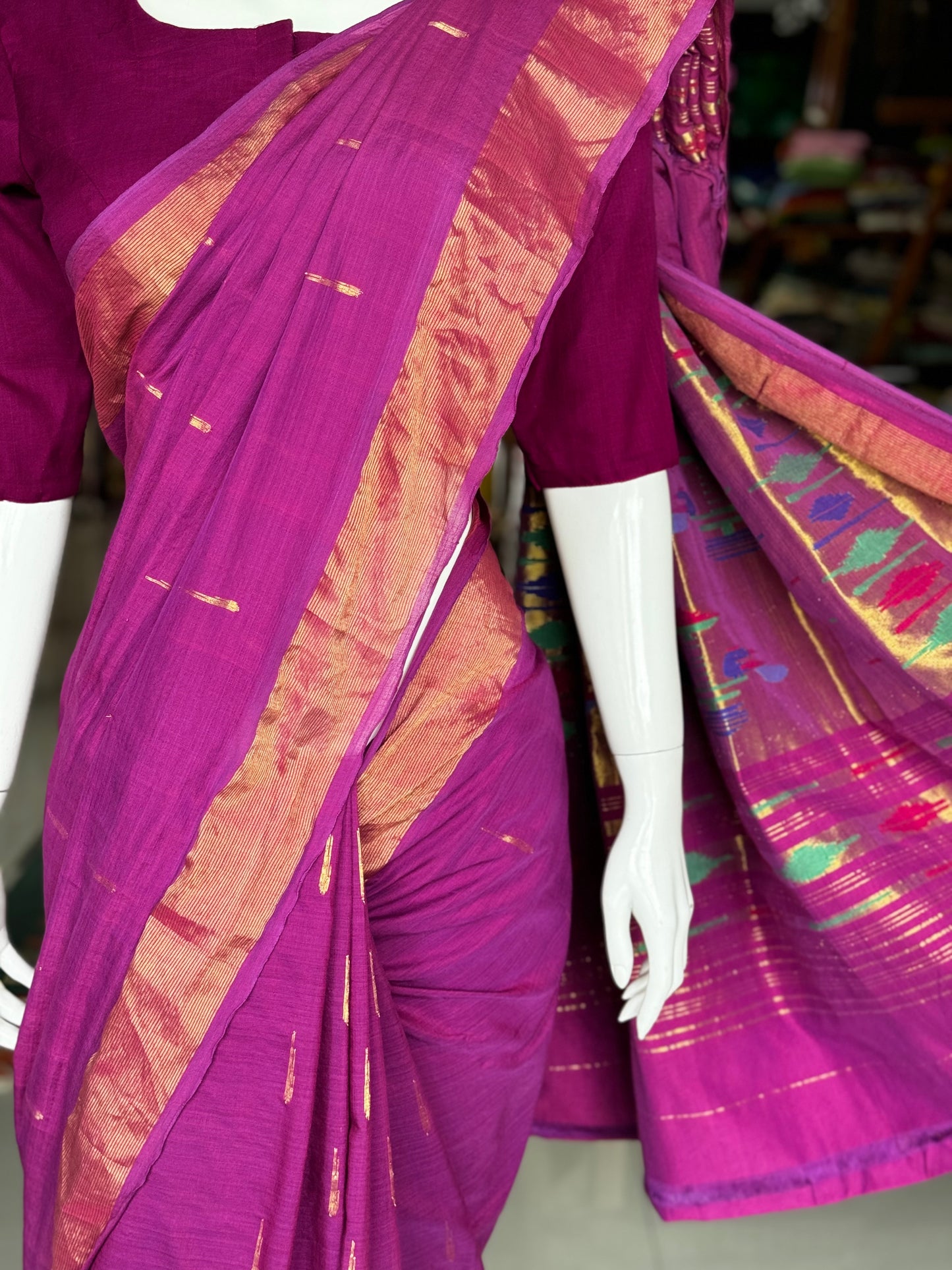 Cotton handloom Paithani saree with muniya buttis all over
