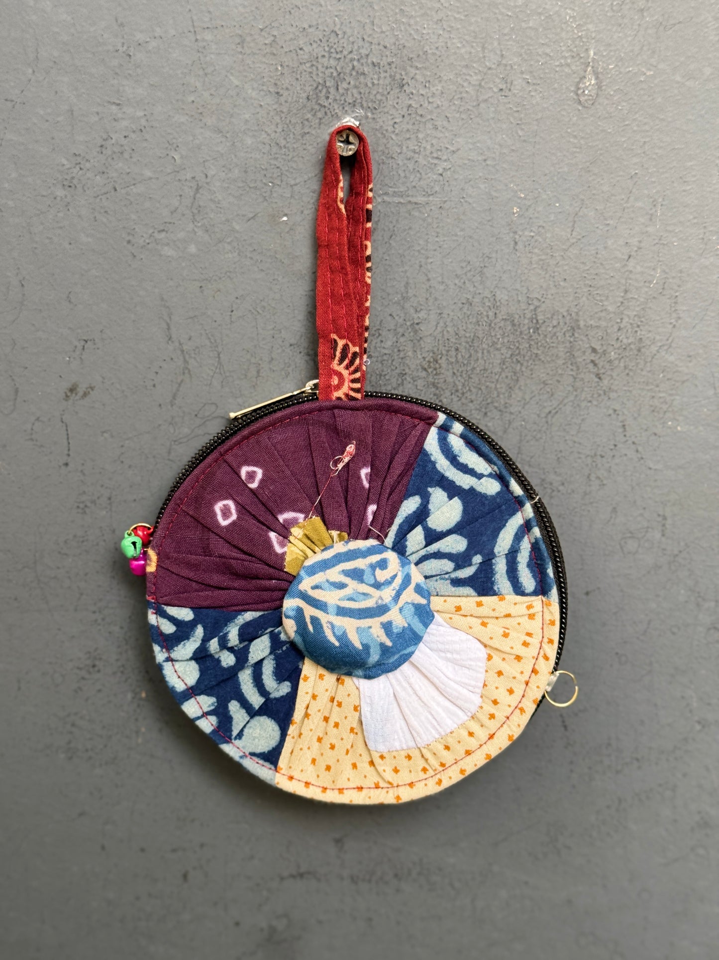 Upcycled handwoven fabric patch work round gifting / coin pouch with zipper closure