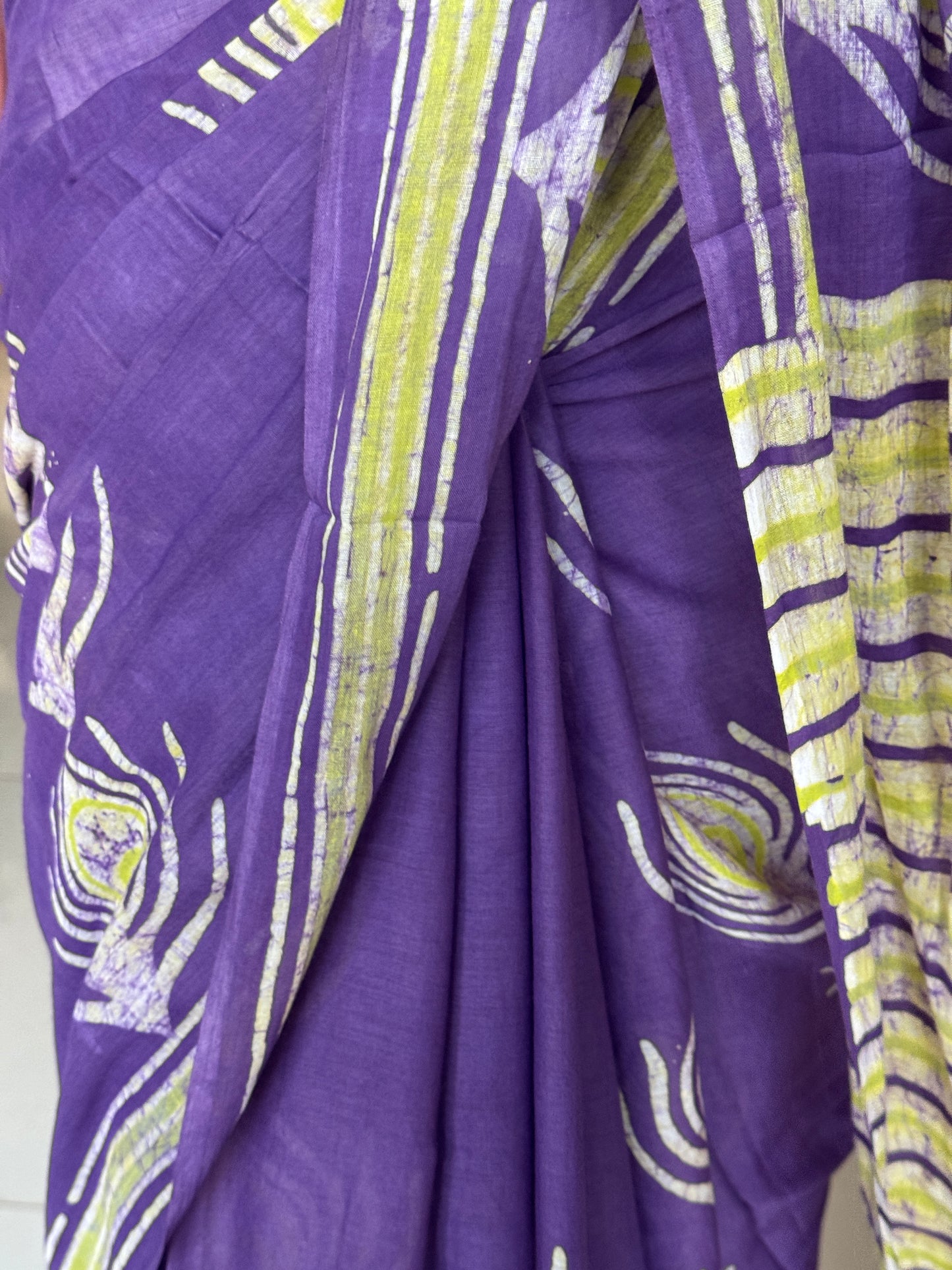 Violet peacock feather design Batik soft cotton saree