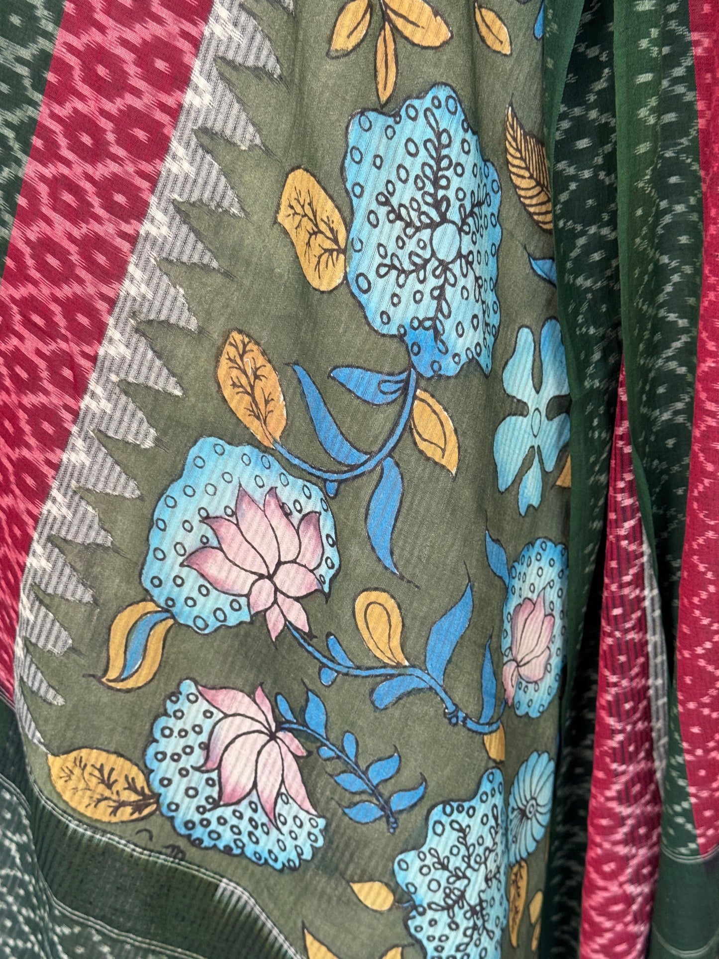 Ikat handloom + Pen Kalamkari hand painted cotton dupatta - 2 beautiful crafts in one dupatta - multiple designs available