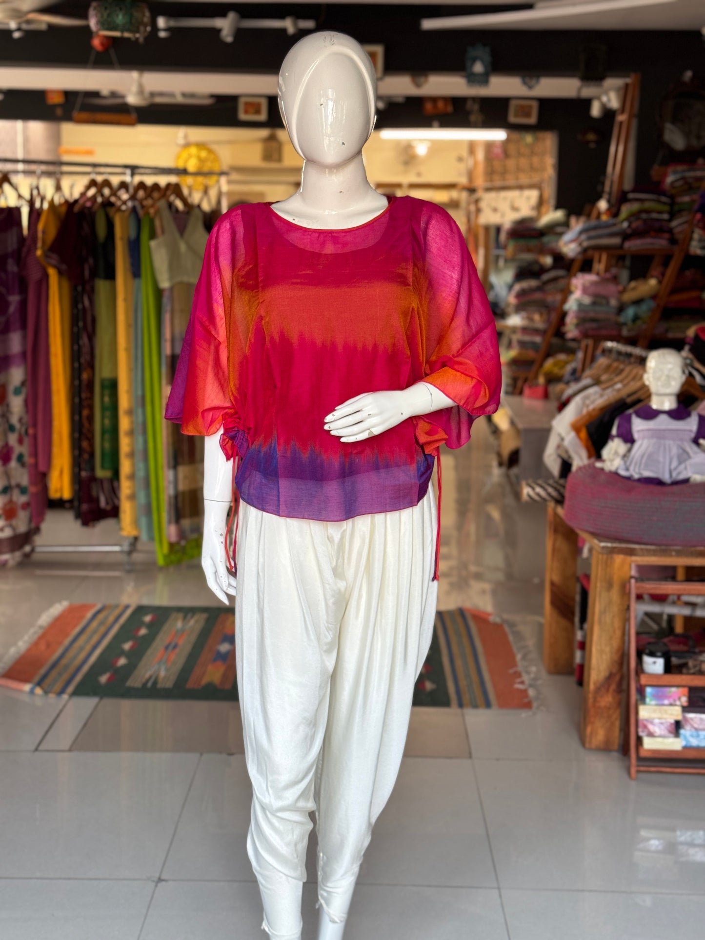 Pink orange purple red tie n dye silk top with side pulls - free size