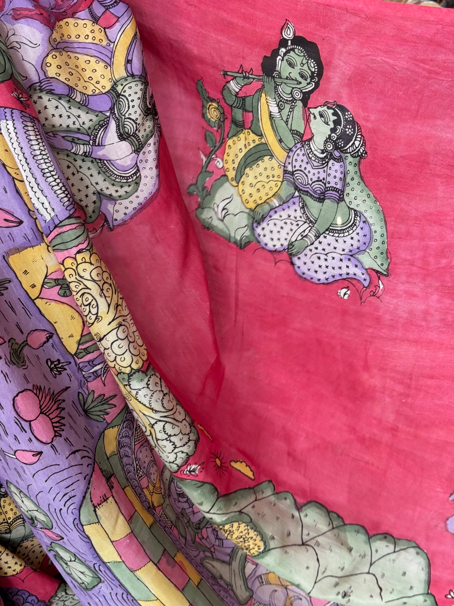 Pink and lavender hand painted pen kalamkari Chennuri silk yardage saree with skirt border and Radha Krishna design