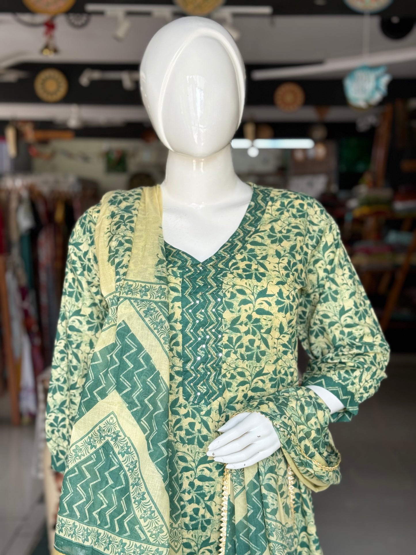 Green and cream floral print hand embroidered cotton suit set with matching afghan pants and dupatta - 3 piece set