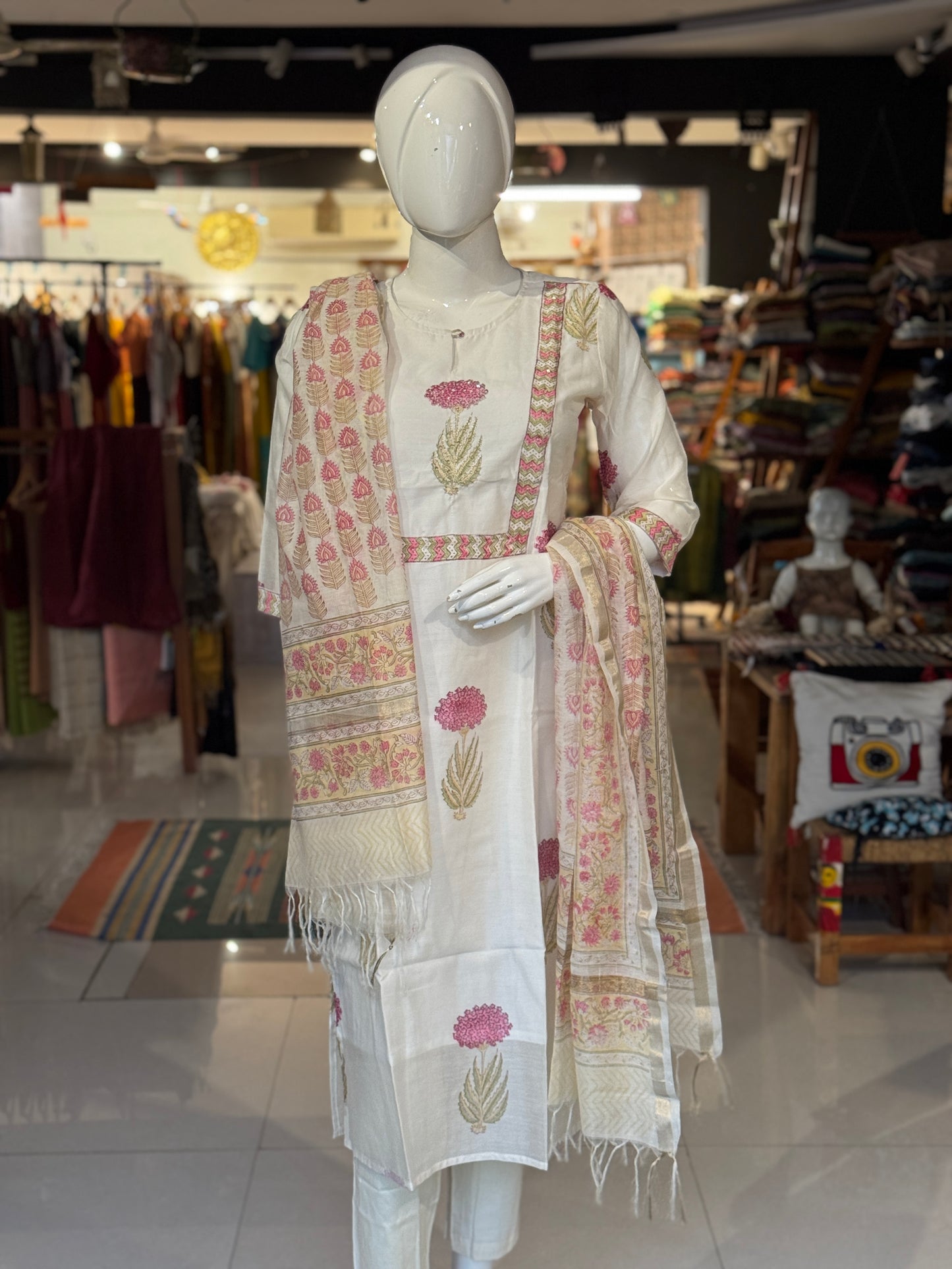 Ivory tone hand block print floral chanderi hand embroidered straight kurti, pants and dupatta - 3 piece suit set