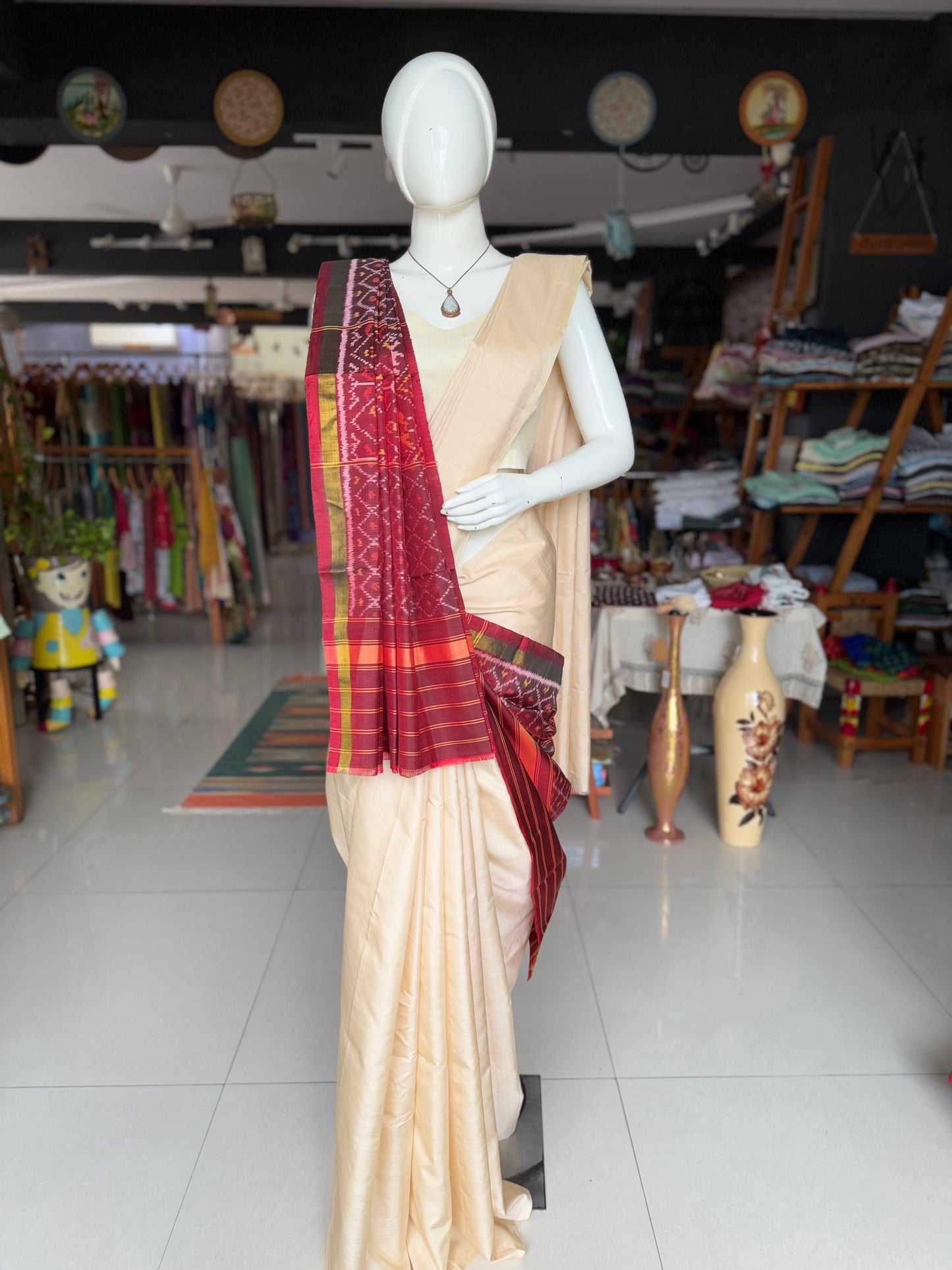Maroon handwoven mulberry silk ikat patola dupatta