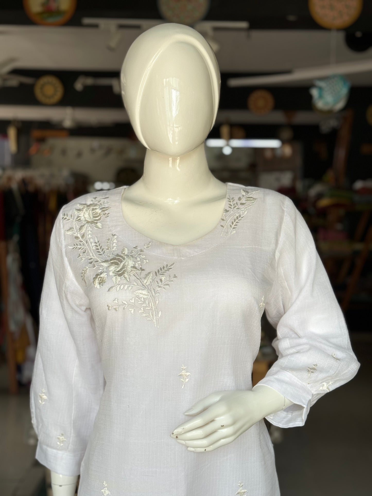 Snow White kota cotton embroiderd straight kurti with long sleeves