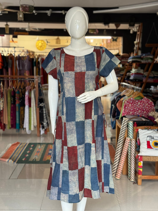 Ajrakh rectangles print side ties dress - cotton, natural dyed, hand block printed