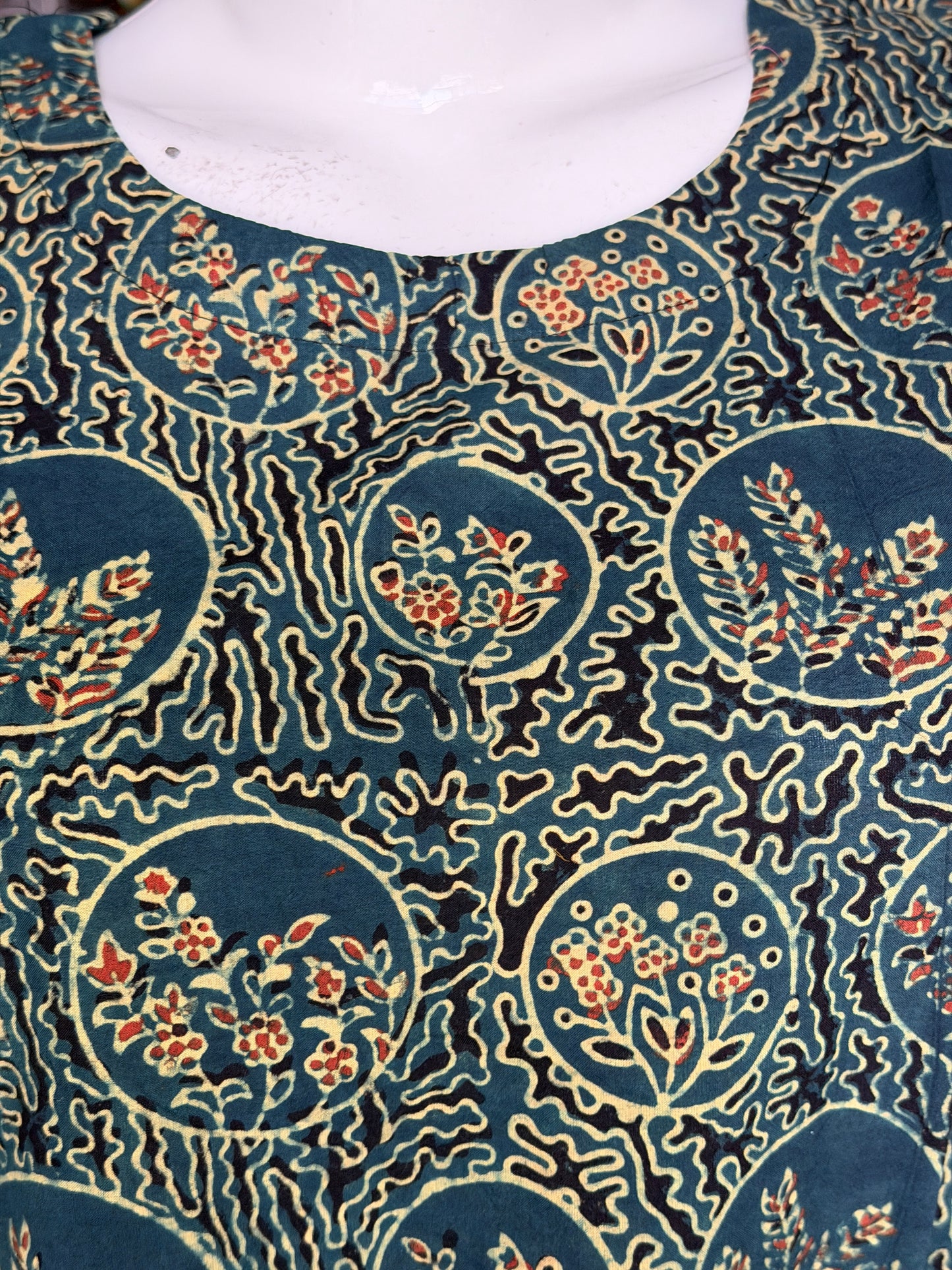 Dark green Ajrakh hand block printed cotton straight kurti