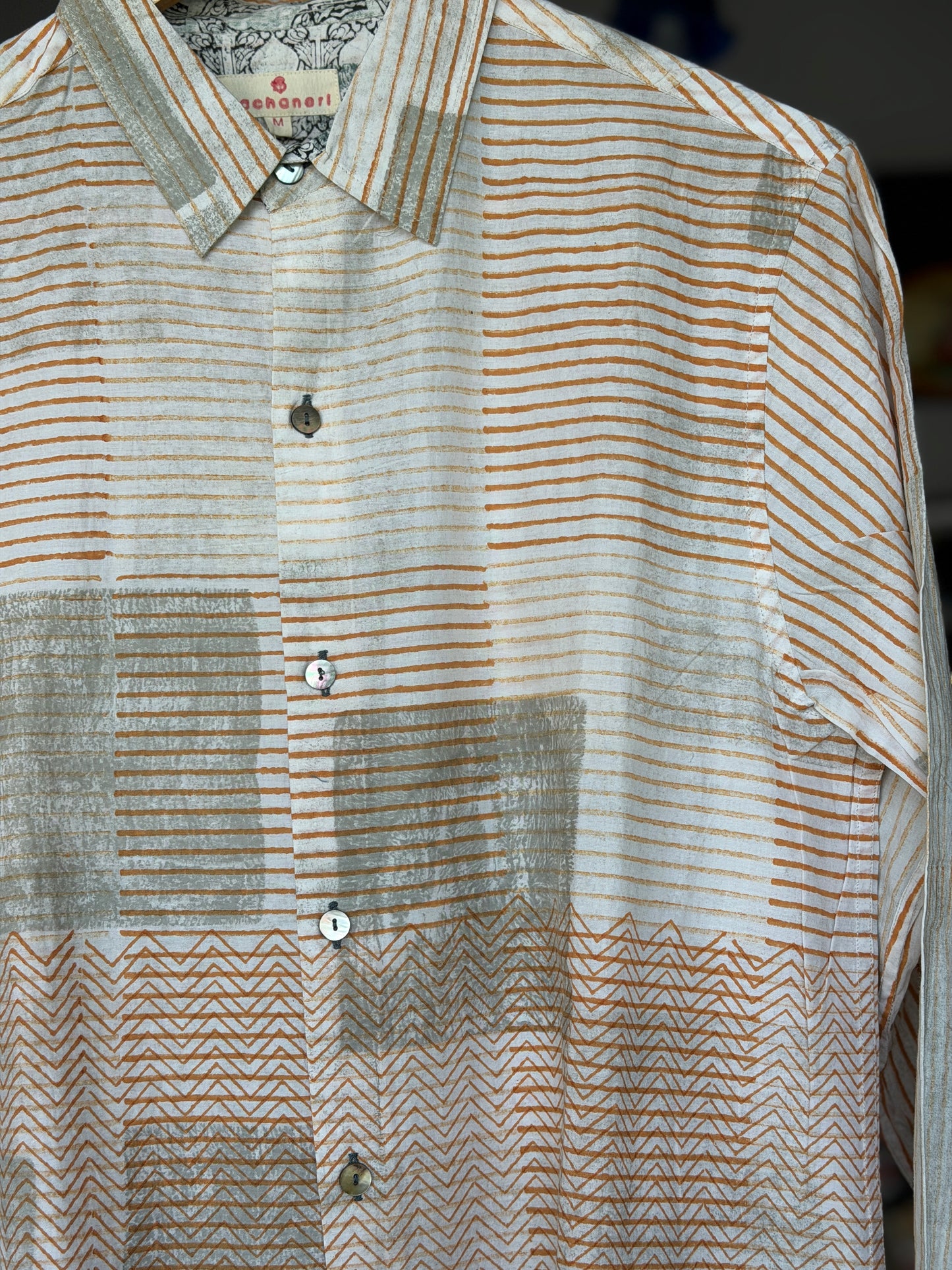 Mustard n grey geometric prints on off white base - designer hand block printed cotton shirt for men