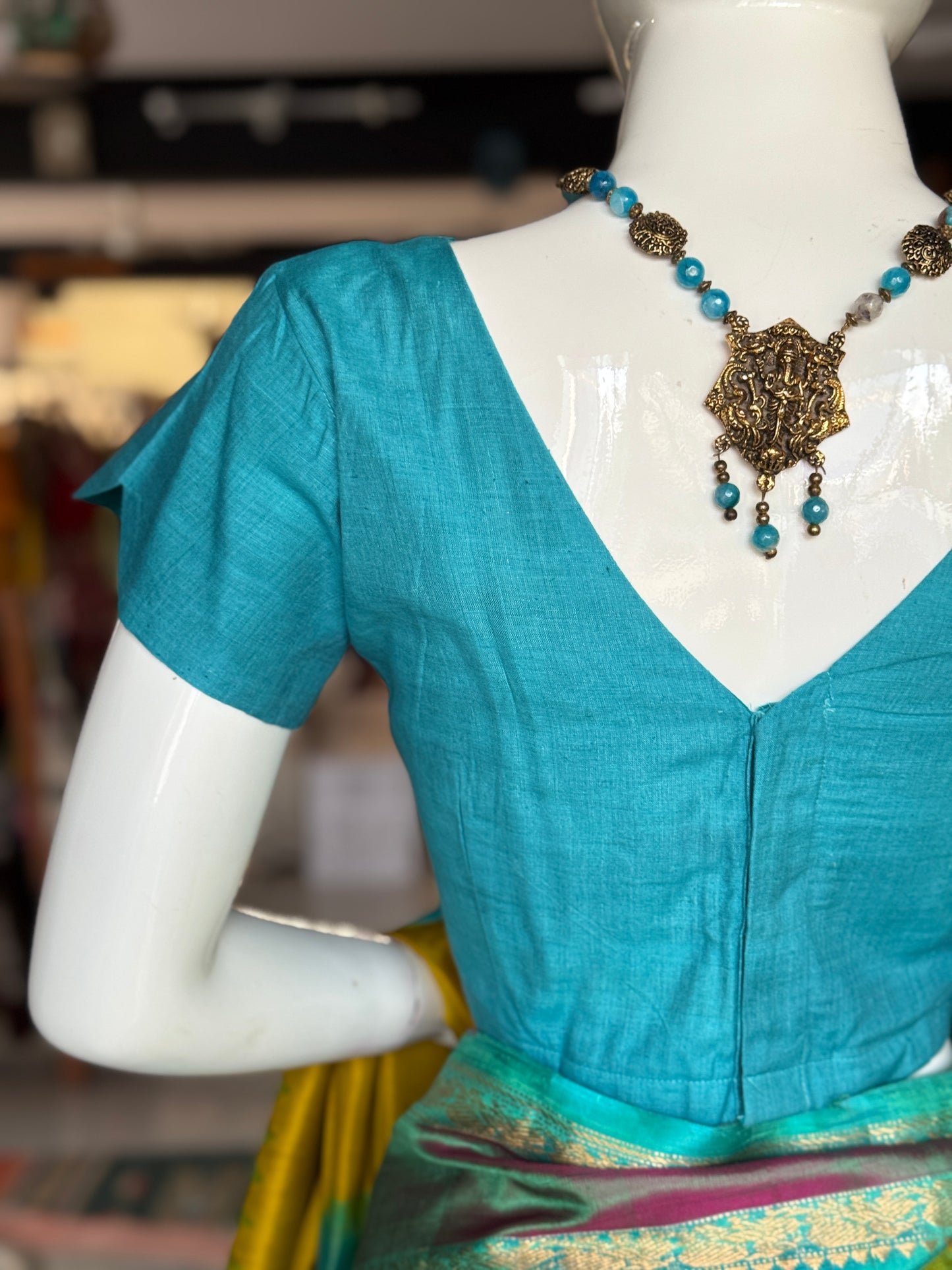 Teal blue tussar x matka silk back open blouse with short sleeves