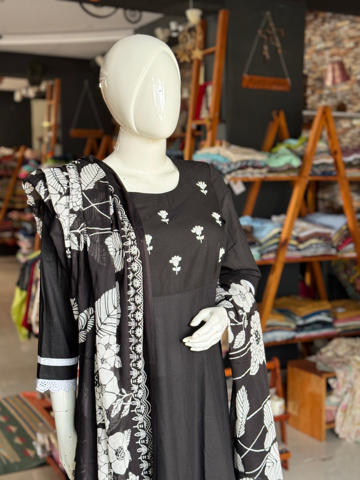Black floral print dupatta, cotton embroidered flared kurti, straight pants with lace detailing - 3 piece suit set