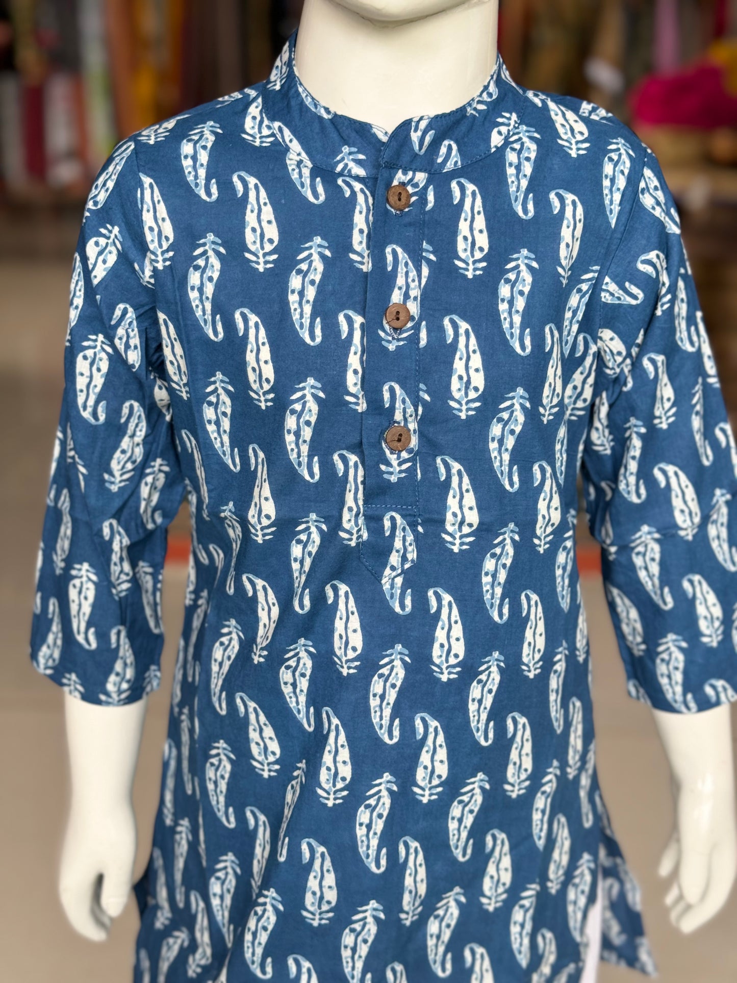 Blue paisley print cotton kurta for boys