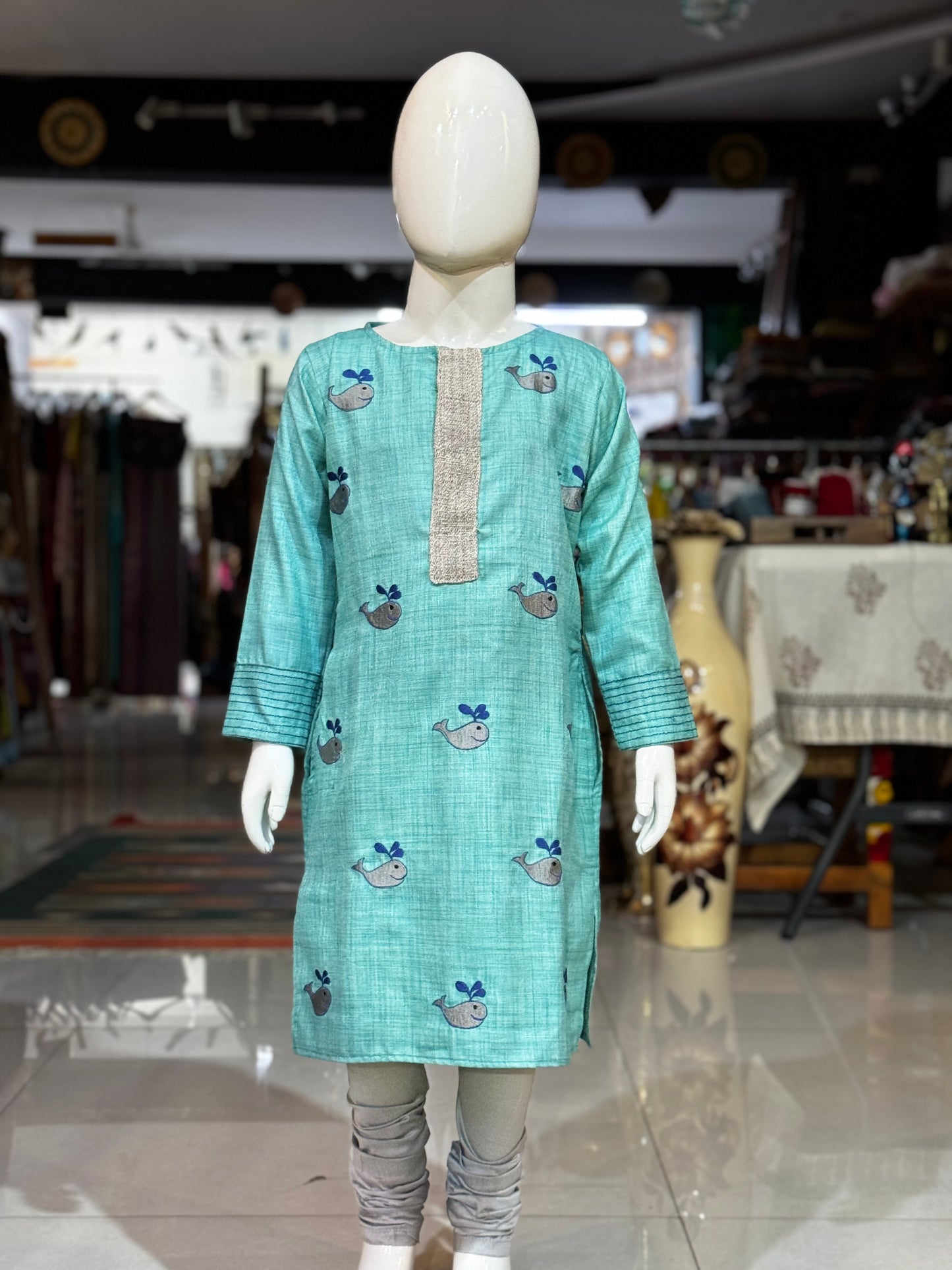 Sea green fish embroidered long kurta, silver chudidhar pants - 2 piece ethnic set for boys