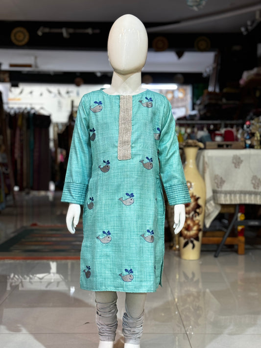 Sea green fish embroidered long kurta, silver chudidhar pants - 2 piece ethnic set for boys