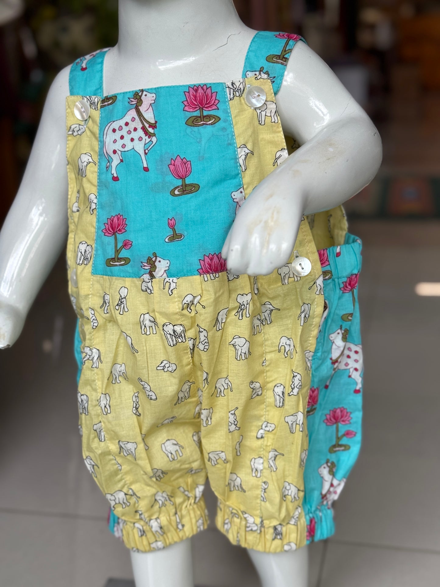 Rompers for babies - hand block printed upcycled soft cotton fabric scrap based unisex outfit for boys and girls