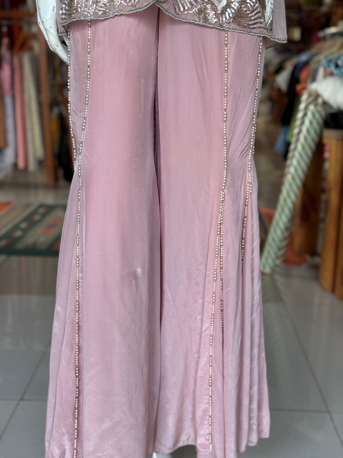 Soft pink wonder - hand embroidered organza jacket, crepe bustier and sharara - 3 piece set