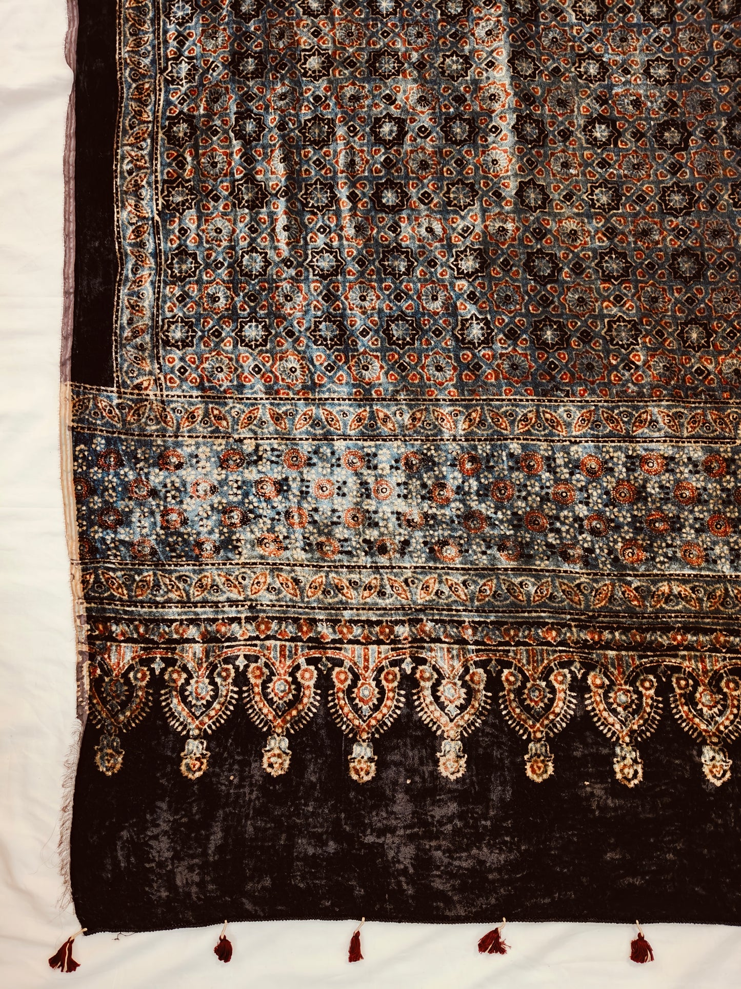Indigo blue luxurious velvet dupatta with hand block Ajrakh prints