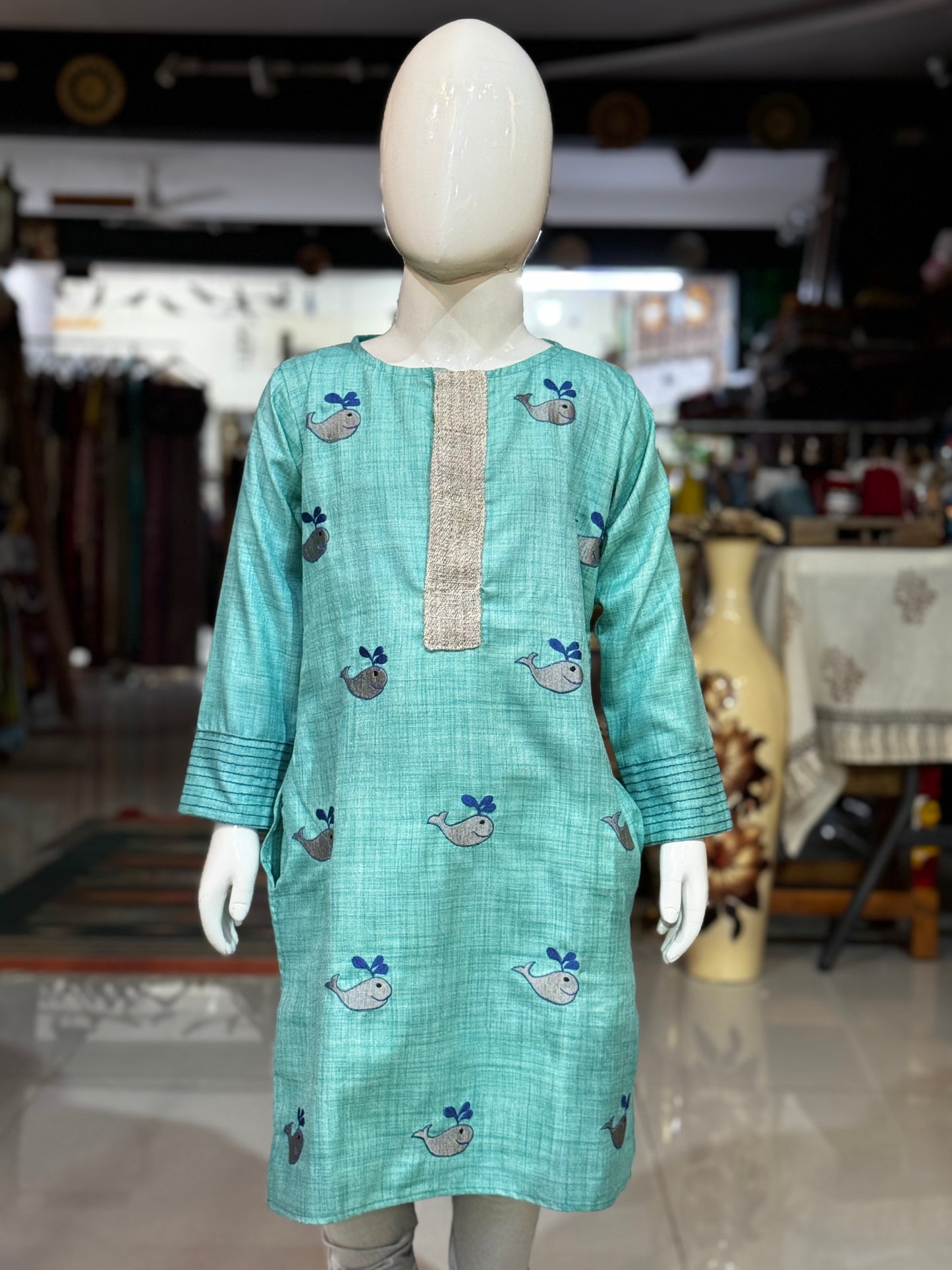 Sea green fish embroidered long kurta, silver chudidhar pants - 2 piece ethnic set for boys