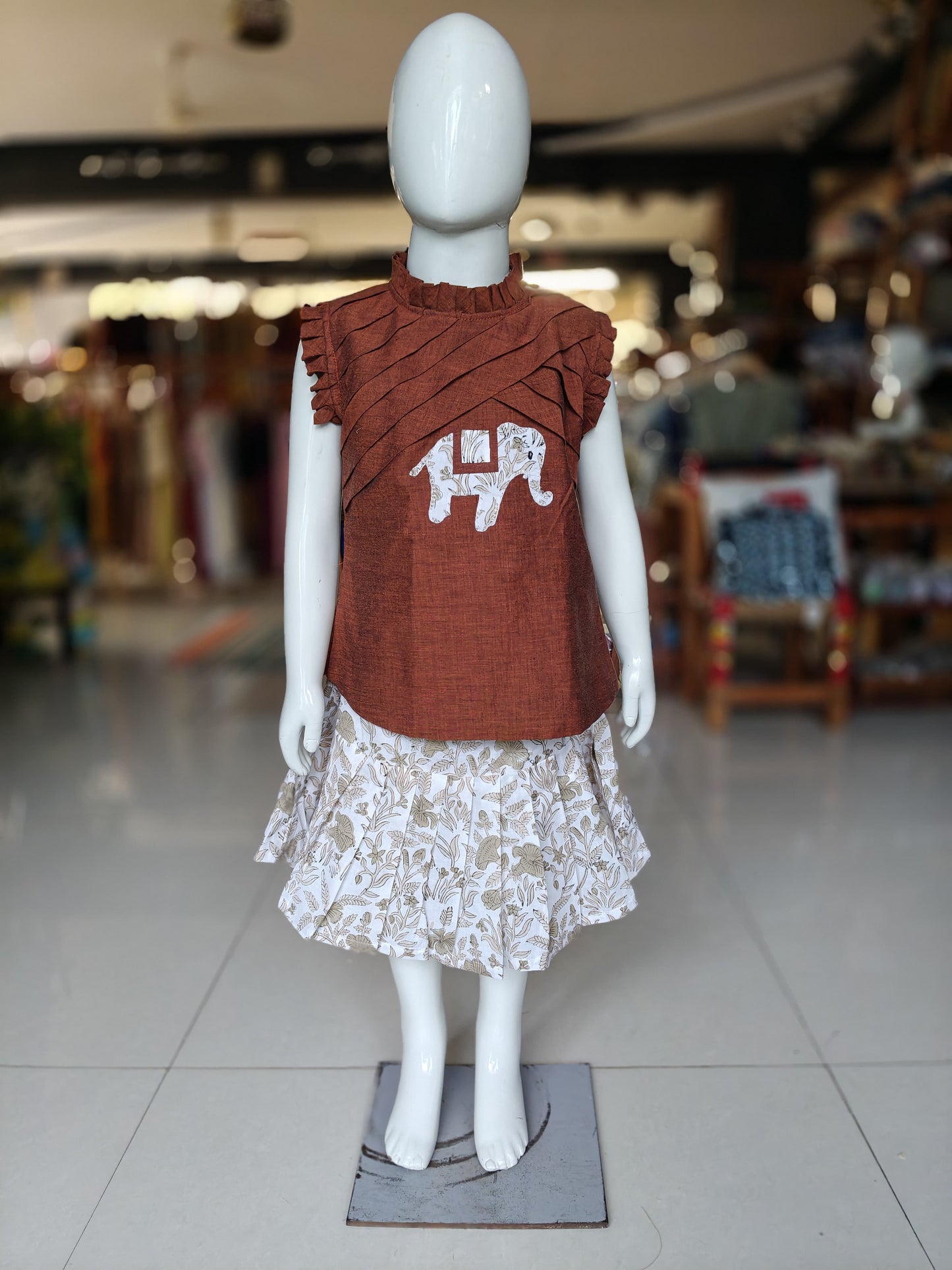 White n Brown hand block printed cotton skirt with inner shorts attached for little girls