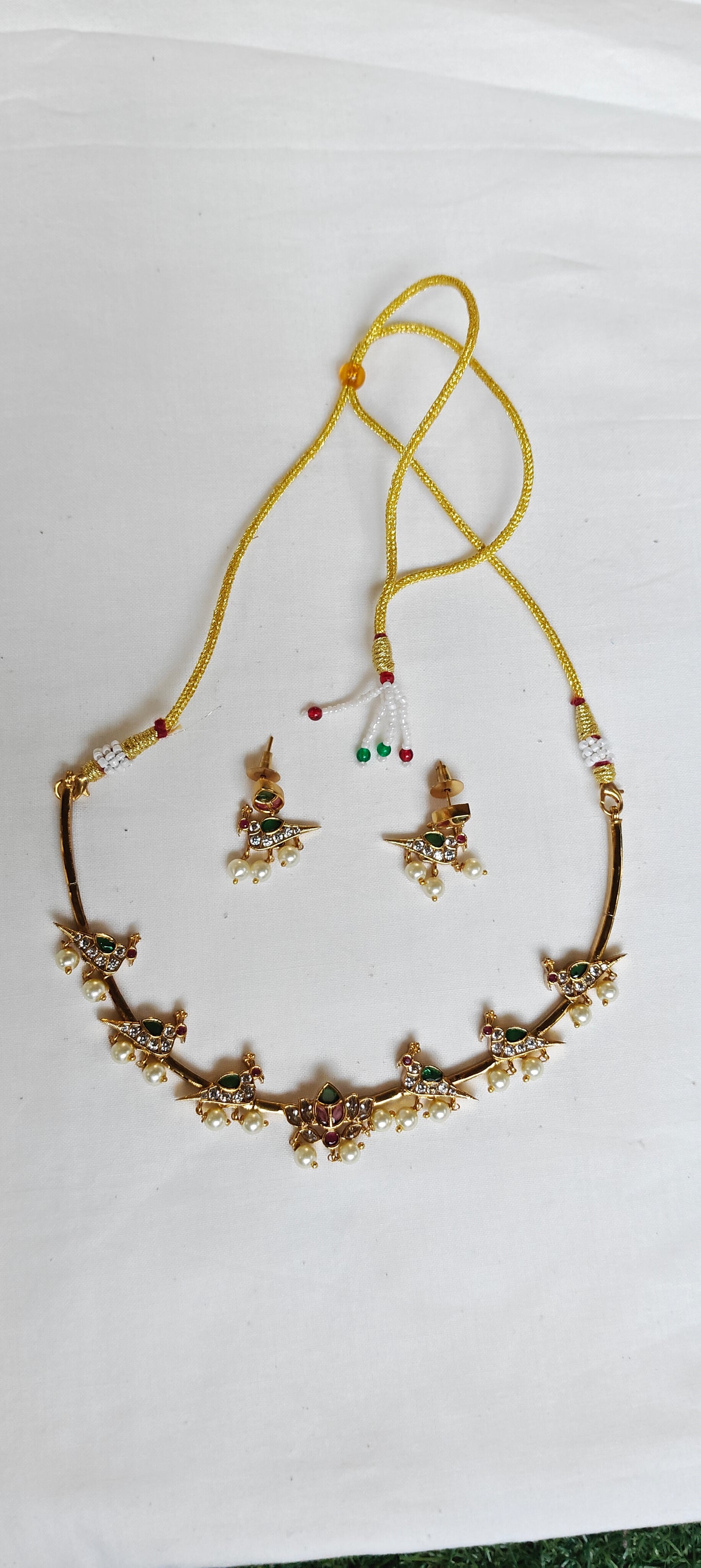 Birds on a wire - neckpiece earrings set - green n white stones