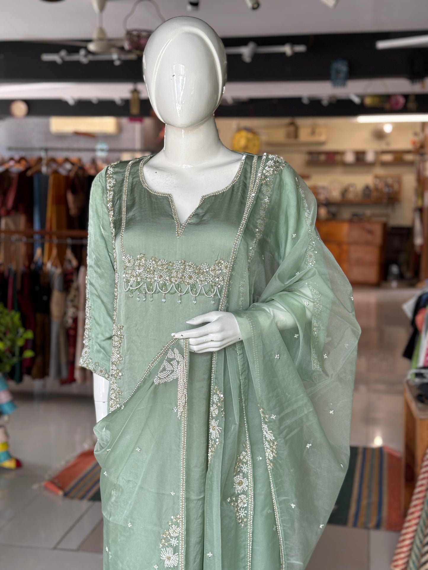 Pastel green magic - hand embroidered long satin georgette kurti, cotton silk pants, organza dupatta - 3 piece set