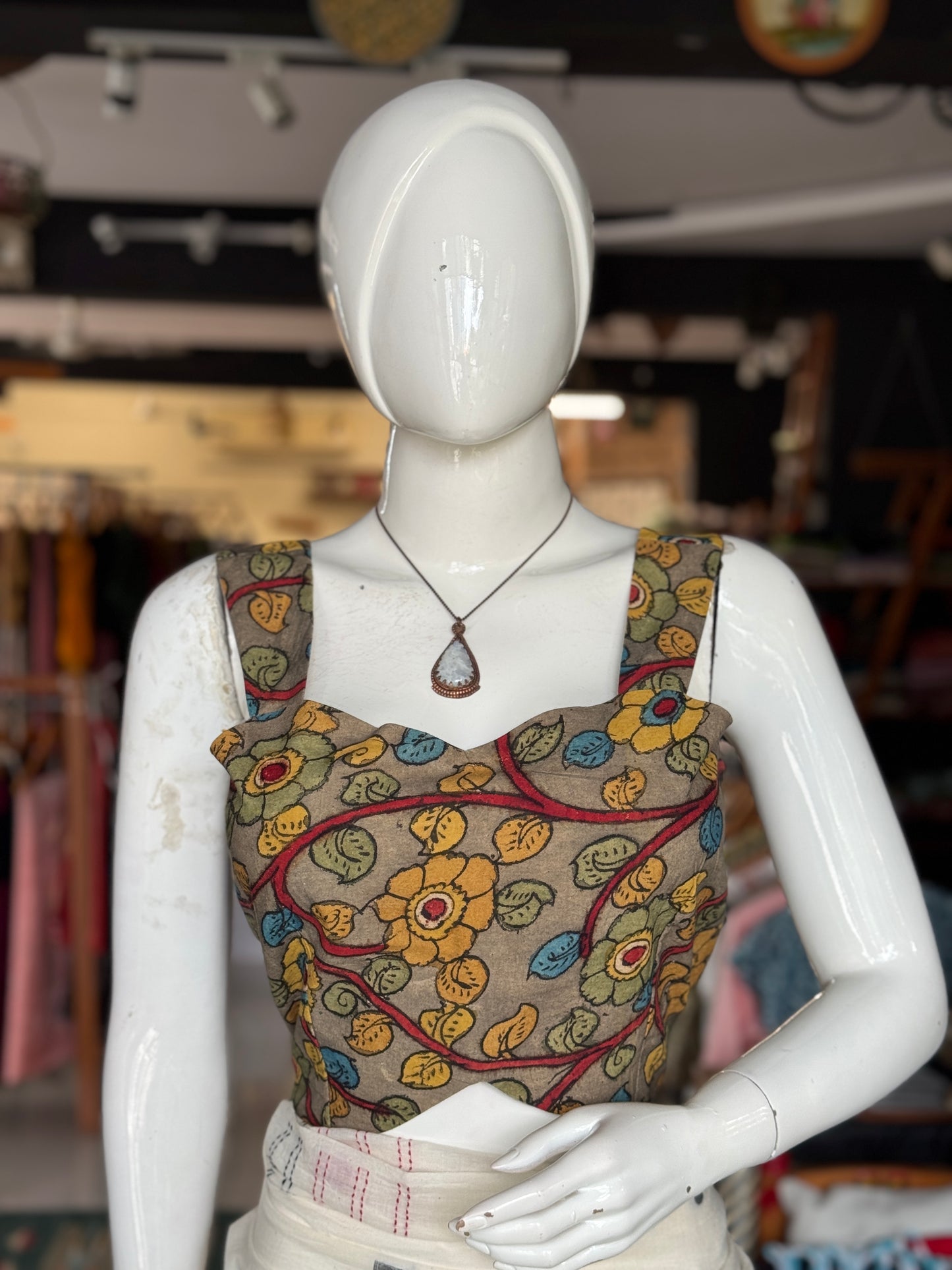 Pen kalamkari hand painted sleeveless cotton blouse with lining - multiple colors and designs available