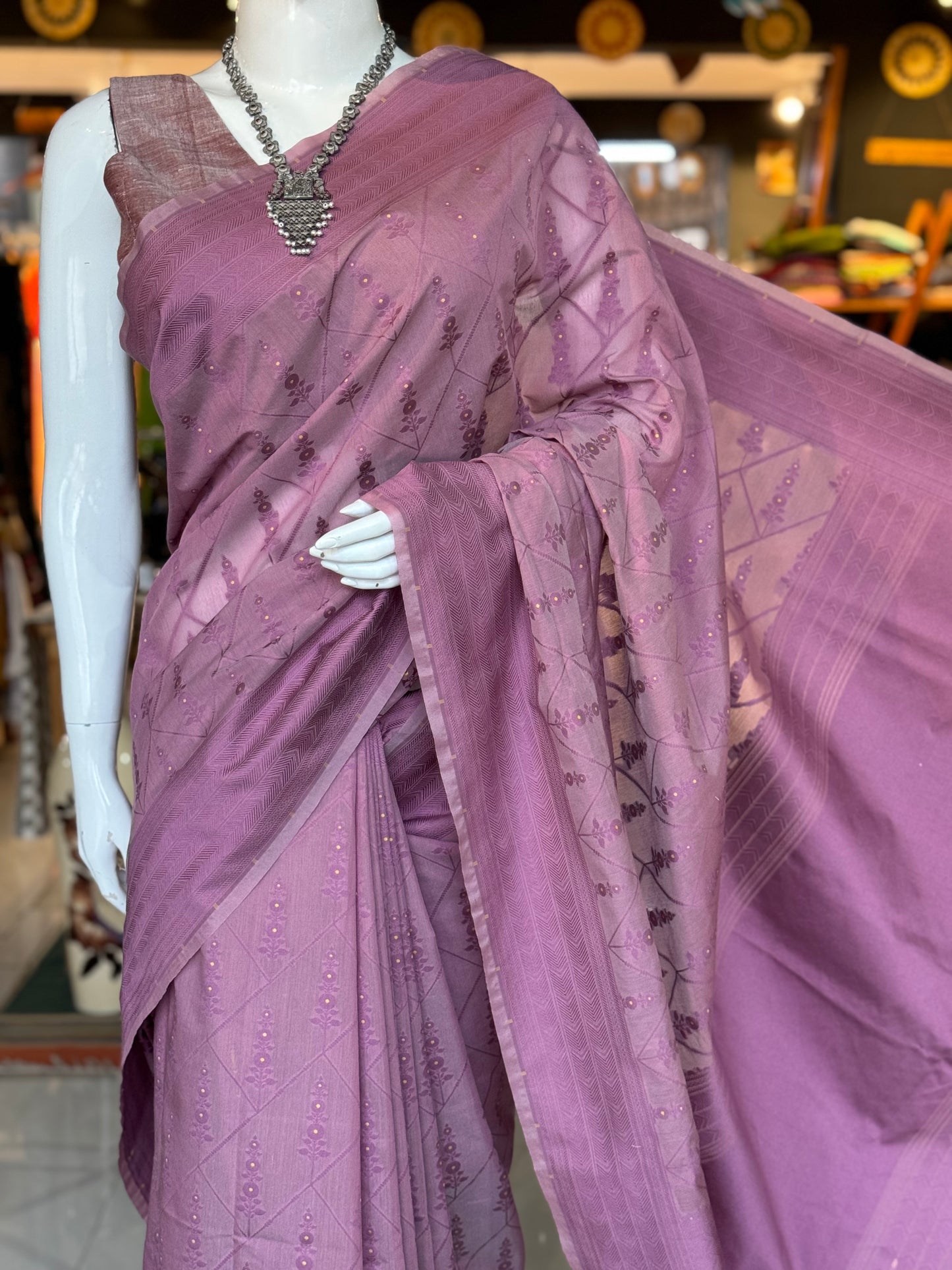 Mauve Banarasi cotton saree with self border