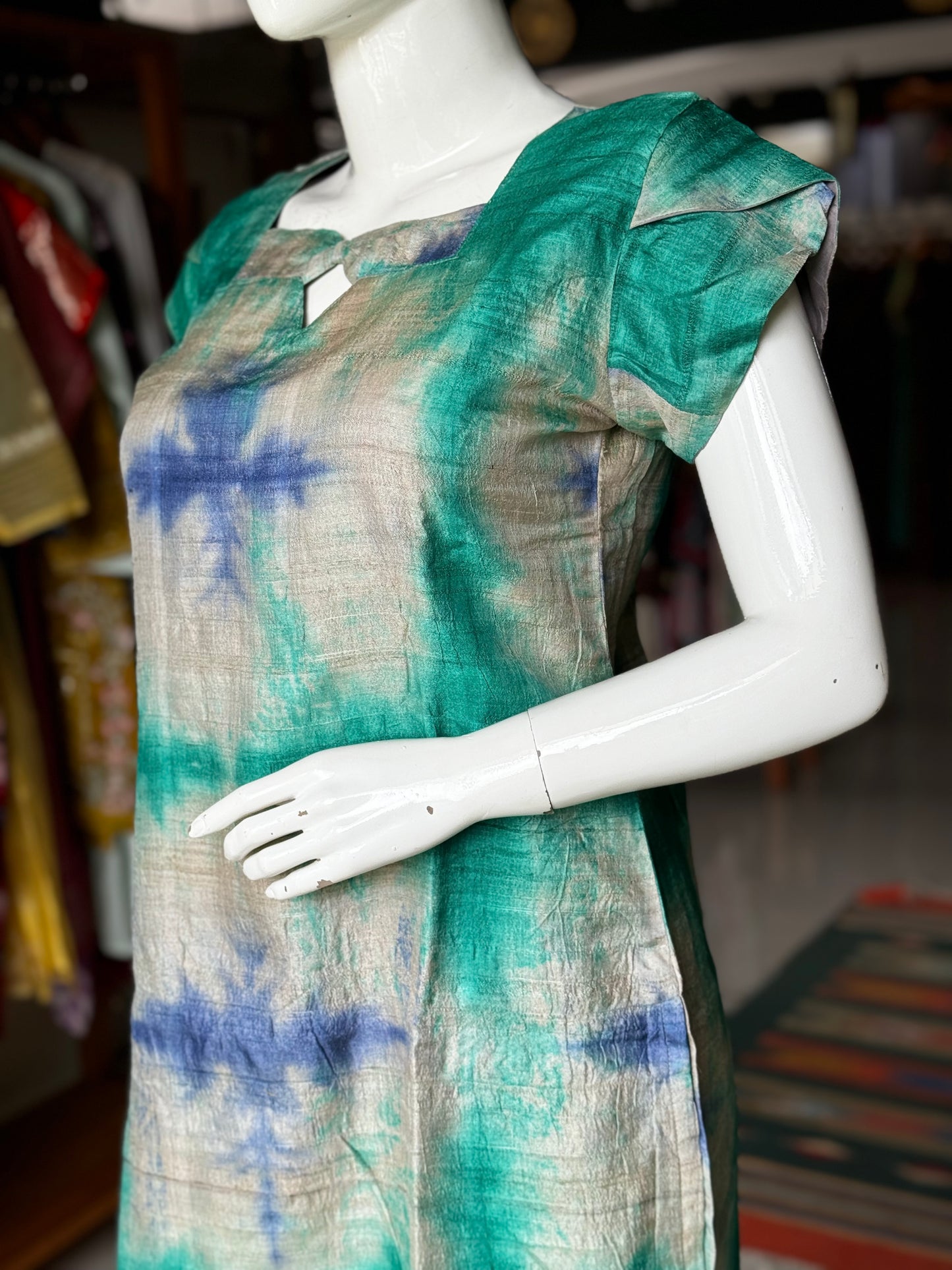 Green and blue clamp dyed handwoven tussar silk straight cuts kurta with petal sleeves and neck detailing